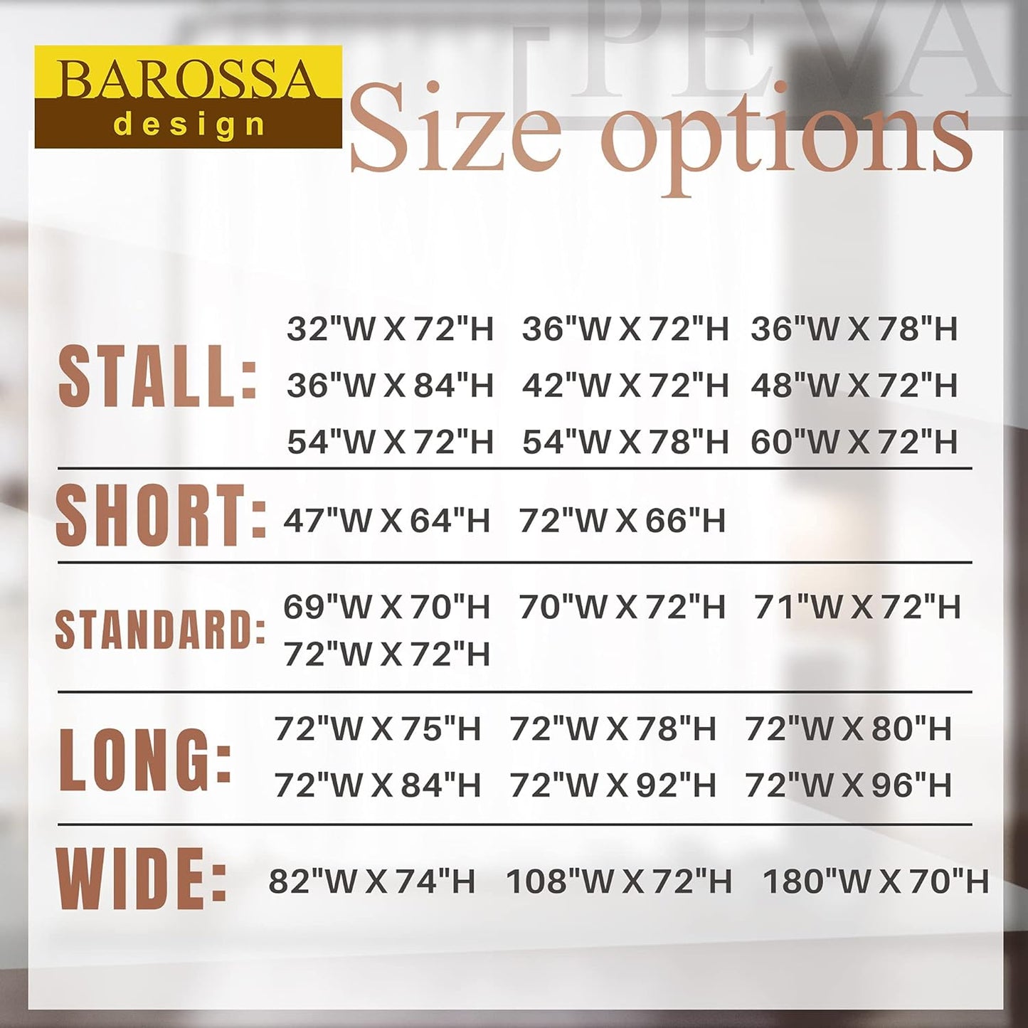 Barossa Design Cortina de Chuveiro 180 x 170cm, Transparente
