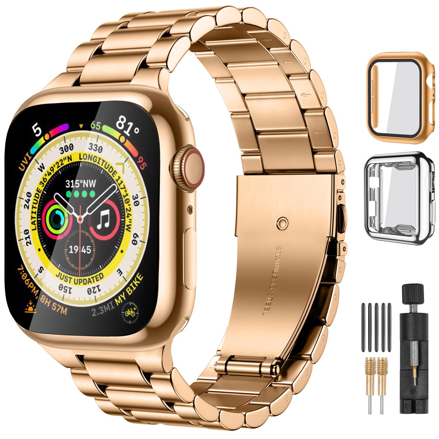 Lerobo Pulseira Aço Inox c/ 2 Capas p/ Apple Watch 38-49mm (Royal Gold)