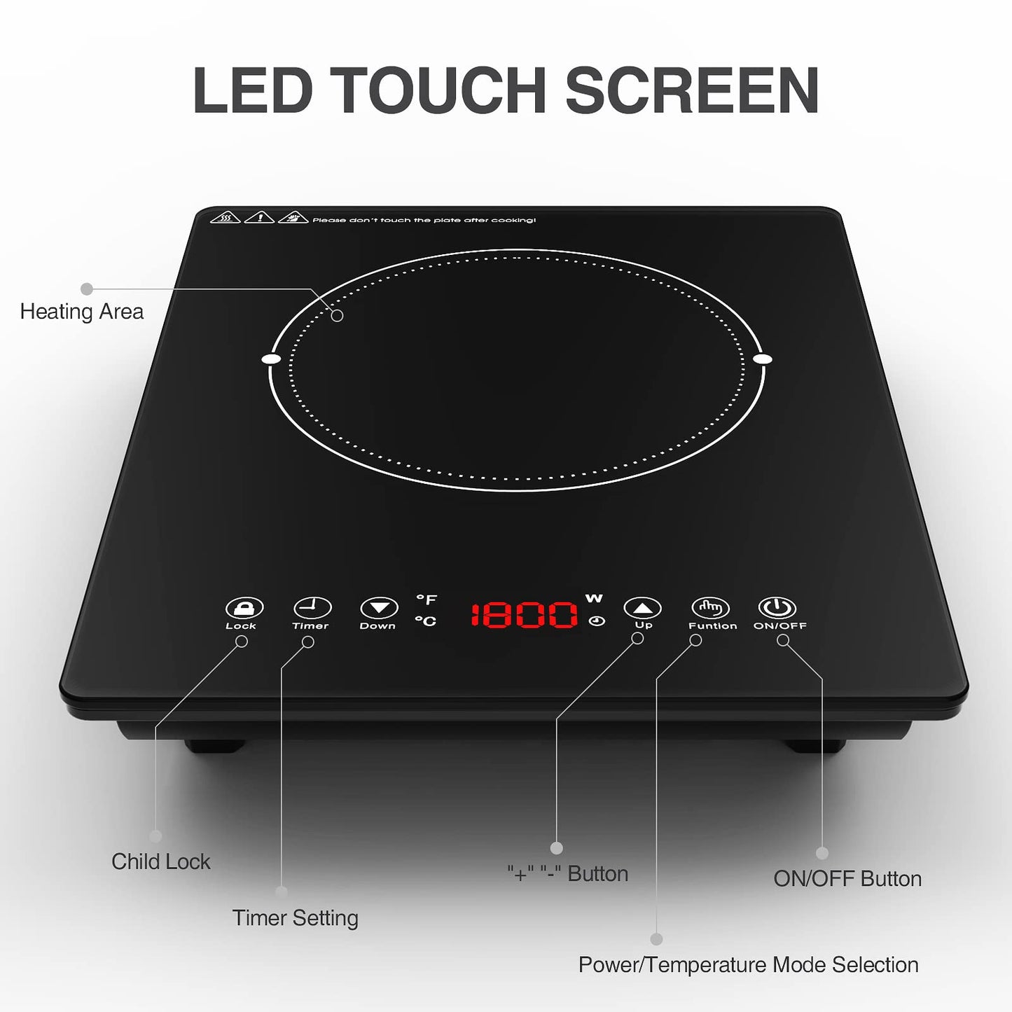 GTKZW Cooktop de Indução Portátil 1800W com 9 Níveis de Potência (Preto)