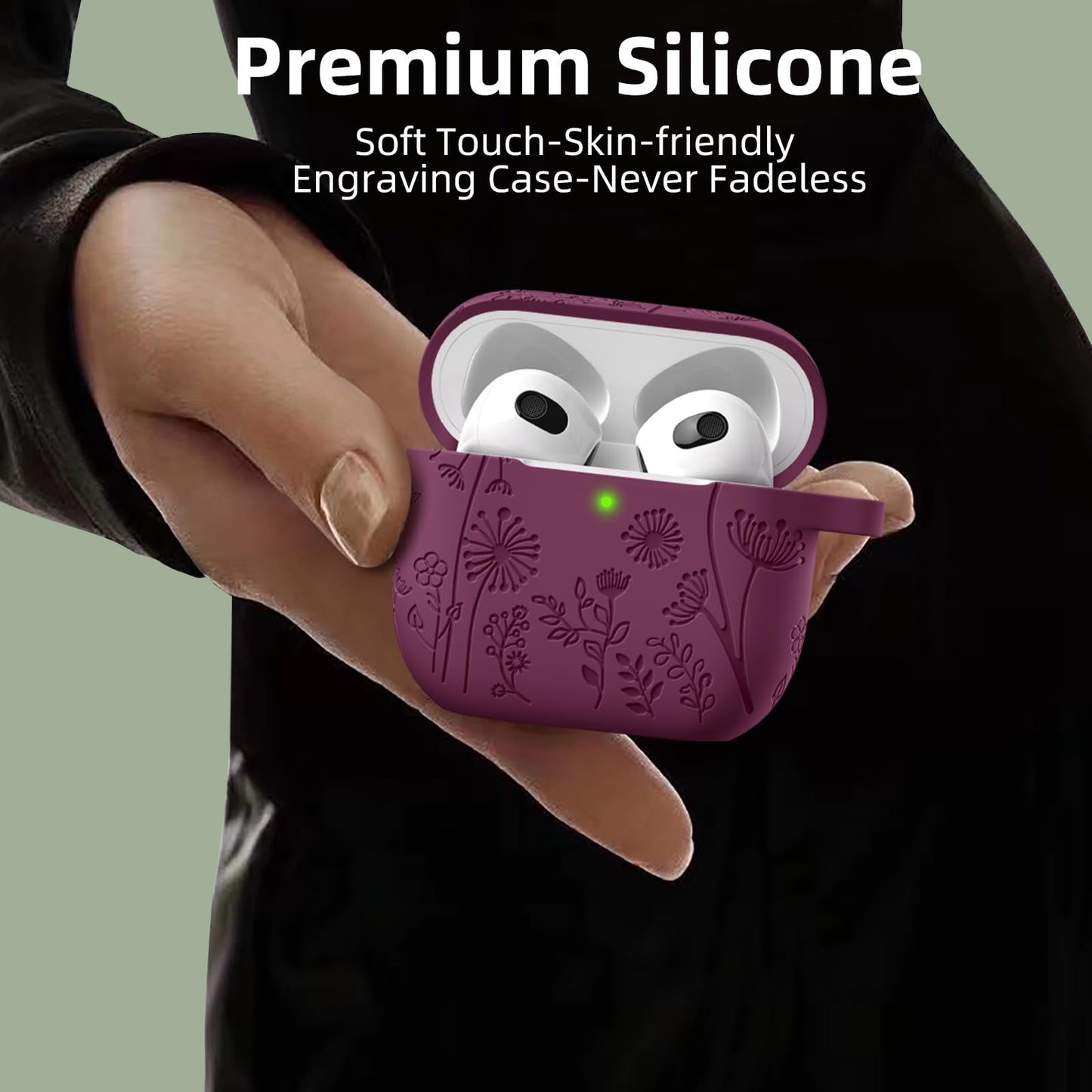 Lerobo Capa com Flores Gravadas Compatível com AirPods 3ª Geração (Vermelho Púrpura)