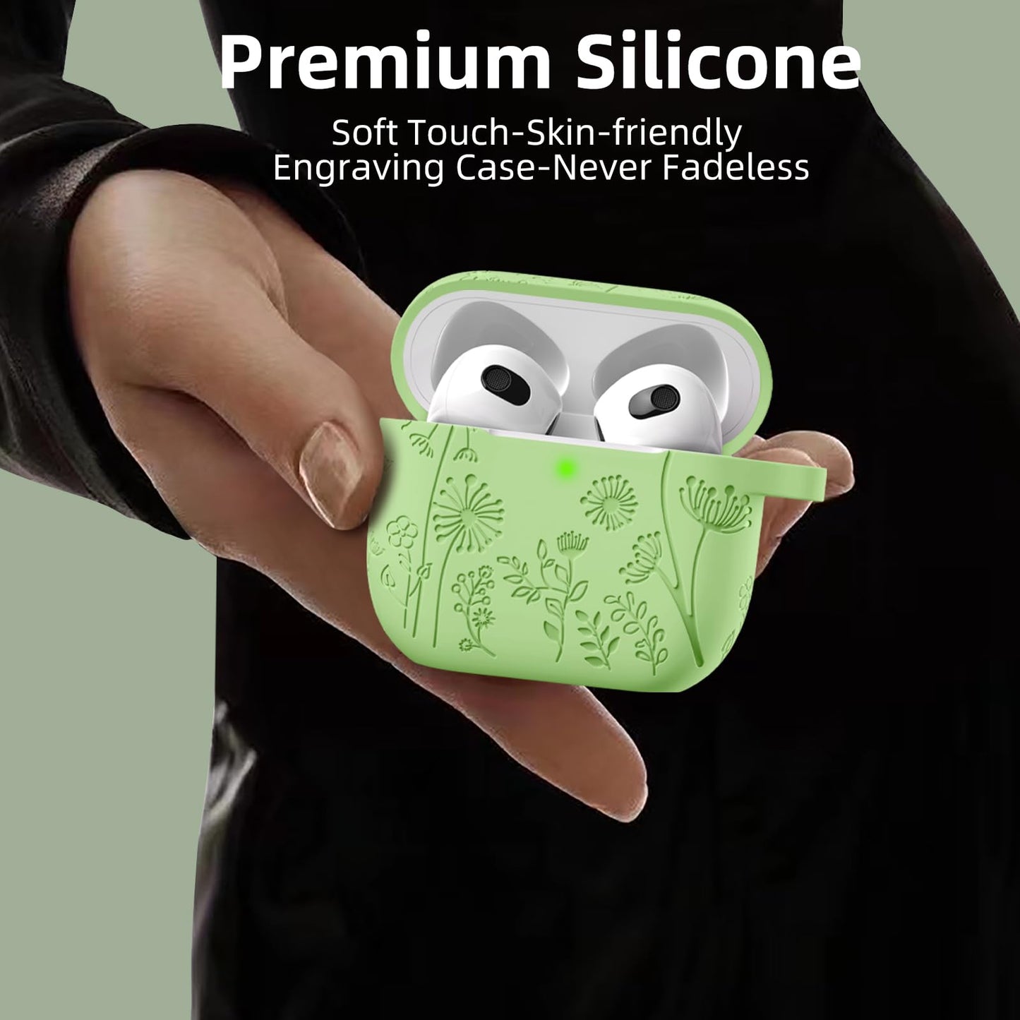 Lerobo Capa Gravada Silicone para AirPods 3ª Geração com Mosquetão (Verde Alface)
