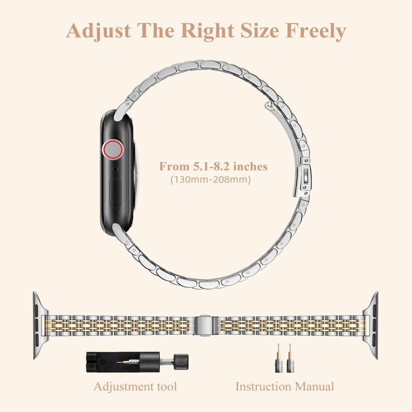 Lerobo Pulseira de Aço Inoxidável Slim para Apple Watch 38-49mm (Prata/Dourado)