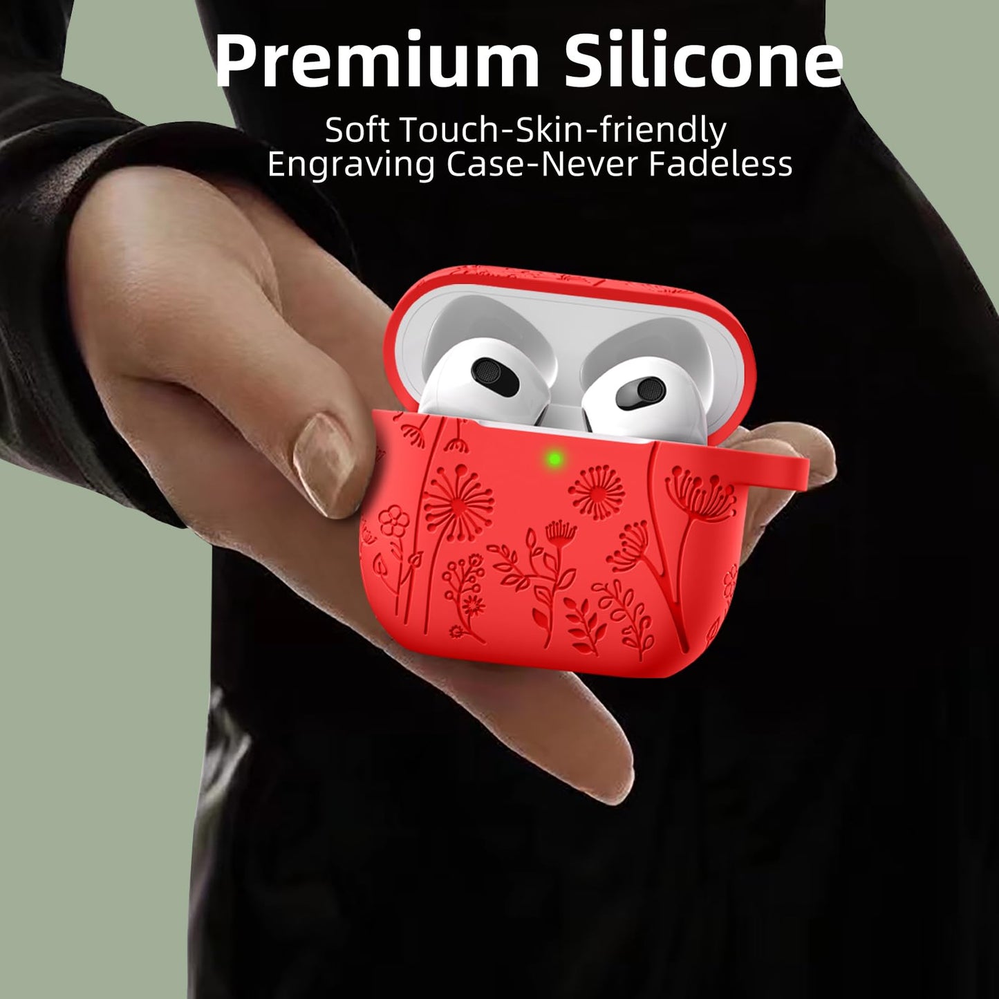 Lerobo Capa c/ Chaveiro p/ AirPods 3ª Geração, Gravação Floral (Vermelho)