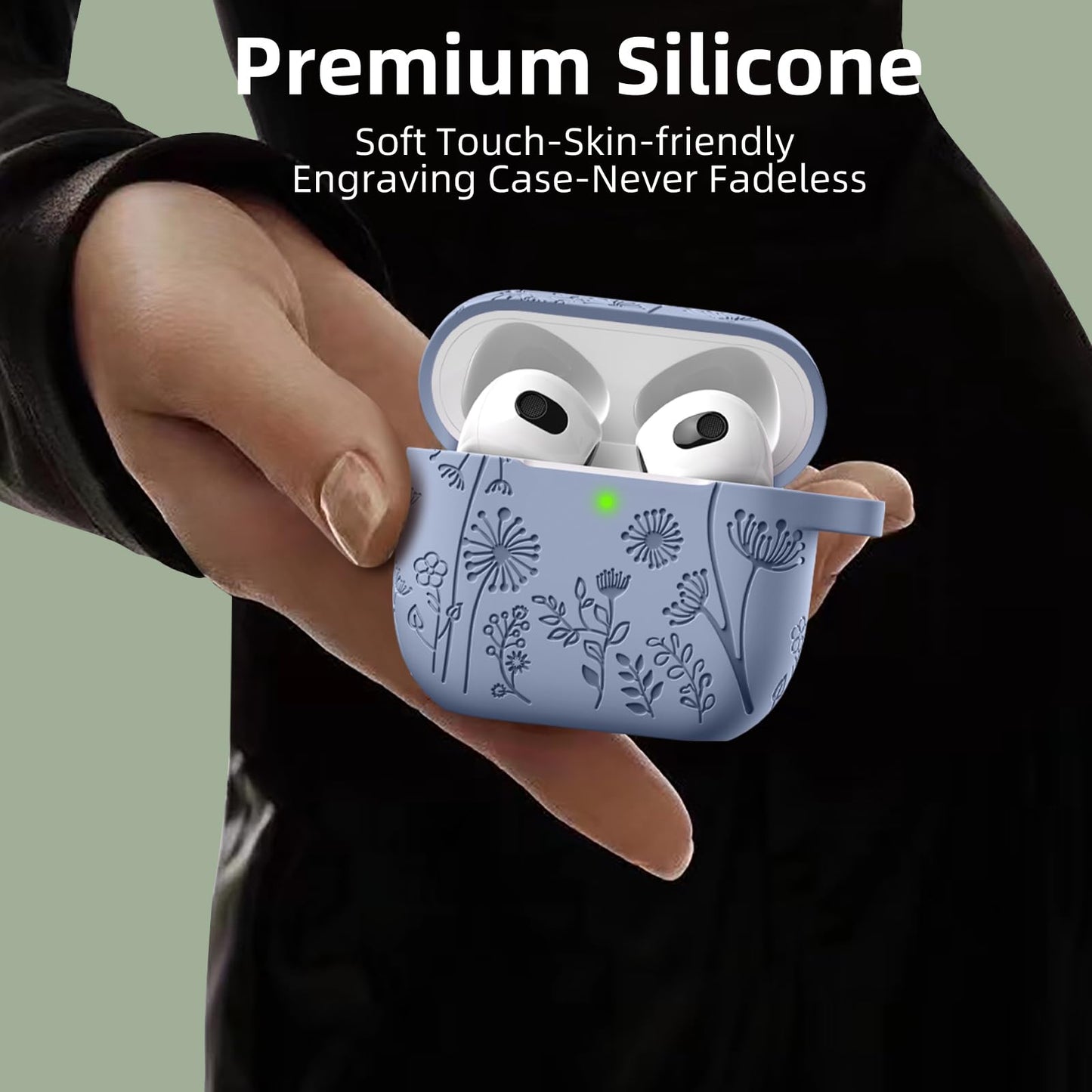 Lerobo Capa com Flores Gravadas Compatível com AirPods 3ª Geração (Azul Cinza)