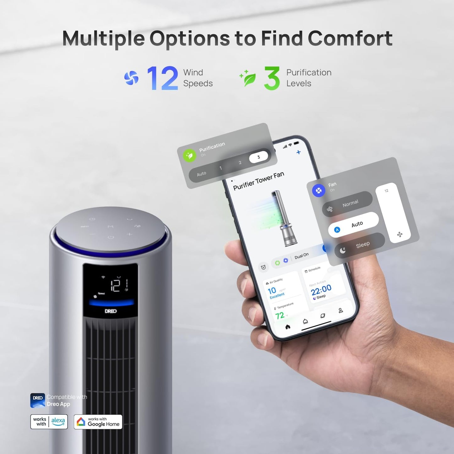 Dreo Purificador de Ar e Ventilador Torre Inteligenten prata