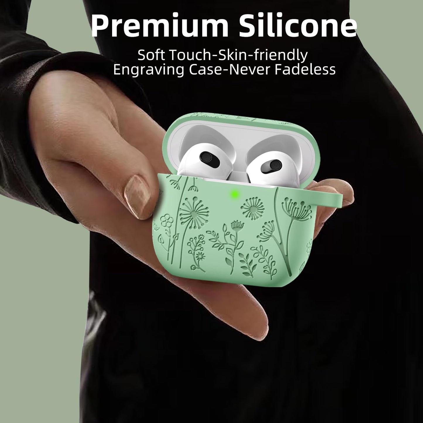 Lerobo Capa de Silicone c/ Chaveiro p/ AirPods 3ª Geração (Verde Grama)