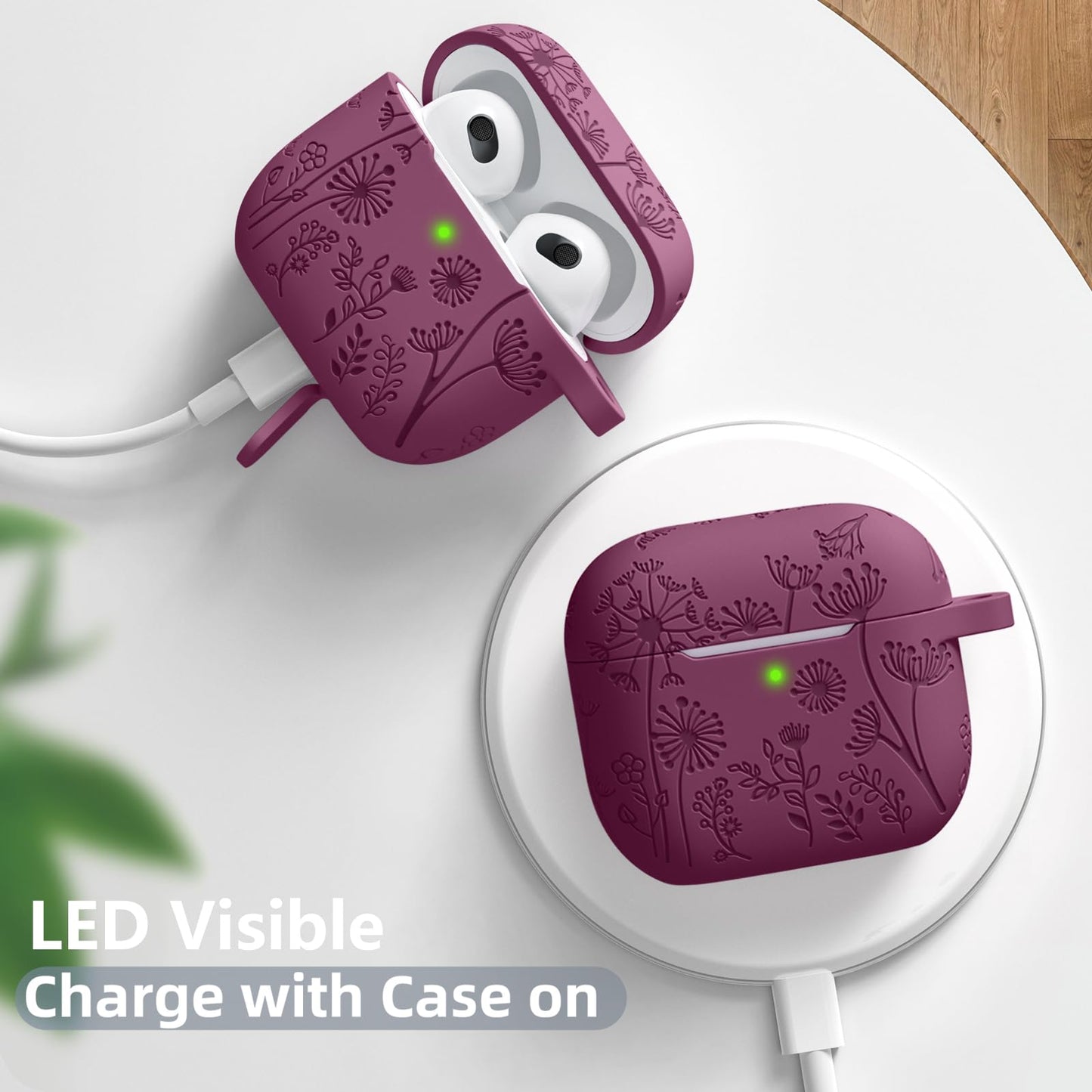 Lerobo Capa com Flores Gravadas Compatível com AirPods 3ª Geração (Vermelho Púrpura)