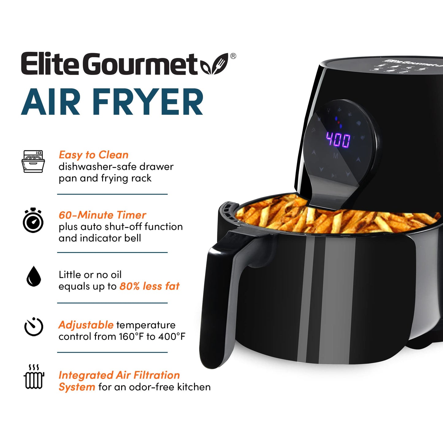 Elite Gourmet EAF5317D Air Fryer Digital 5L Preto