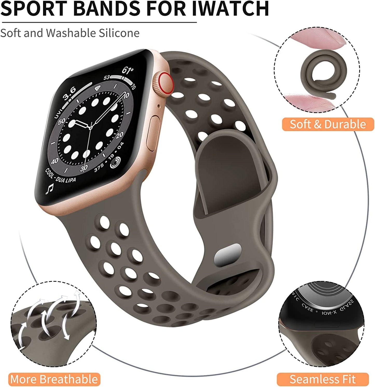 Lerobo Pulseira de Silicone Respirável para Apple Watch (Cinza Oliva/Cinza Café)