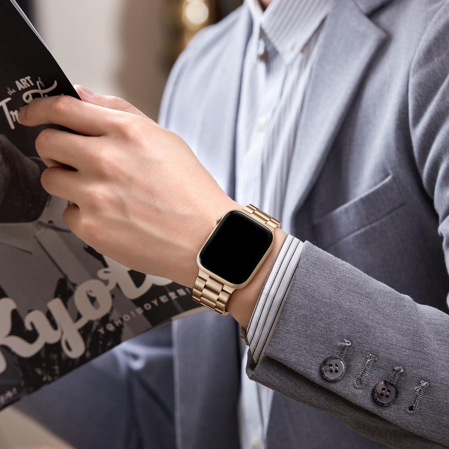Lerobo Pulseira Aço Inox c/ 2 Capas p/ Apple Watch 38-49mm (Royal Gold)