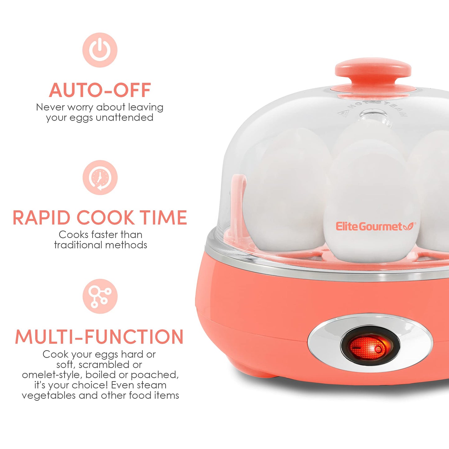 Elite Gourmet EGC007C Egg Cooker Elétrico 7 Ovos Coral