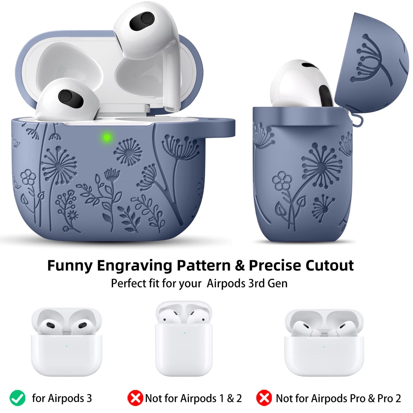 Lerobo Capa com Flores Gravadas Compatível com AirPods 3ª Geração (Azul Cinza)