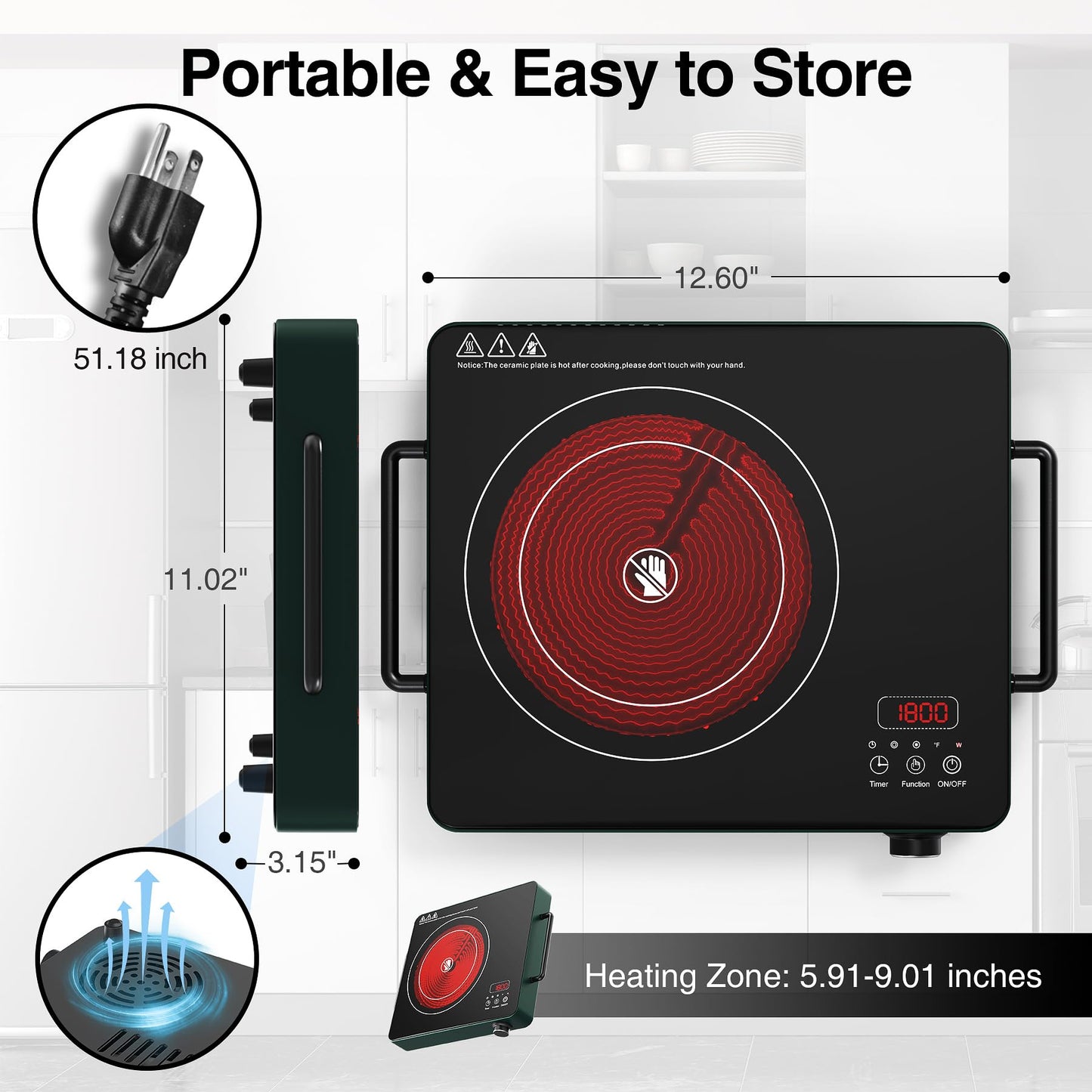 VBGK Cooktop Elétrico 1800W com 9 Níveis de Potência e Timer (Verde)