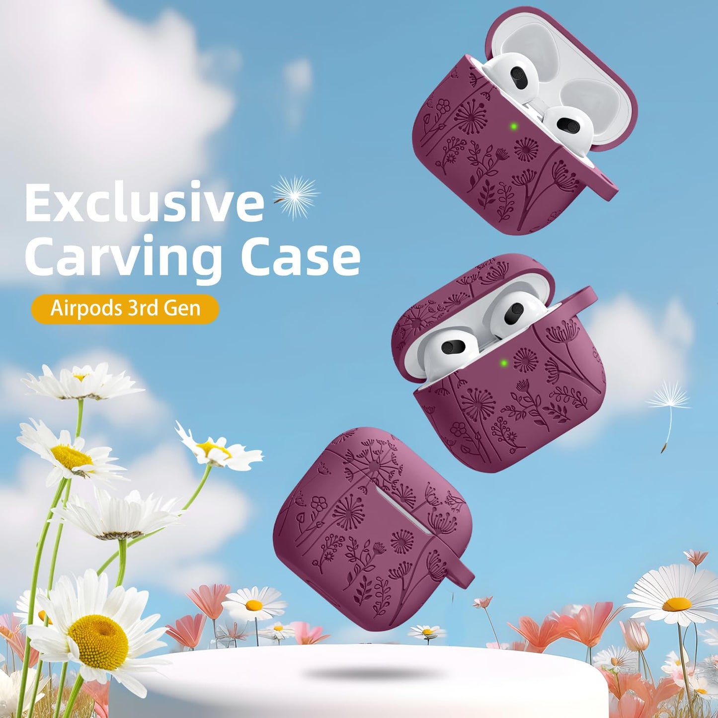 Lerobo Capa com Flores Gravadas Compatível com AirPods 3ª Geração (Vermelho Púrpura)