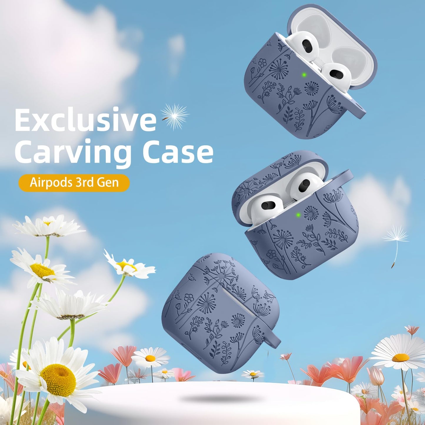 Lerobo Capa com Flores Gravadas Compatível com AirPods 3ª Geração (Azul Cinza)