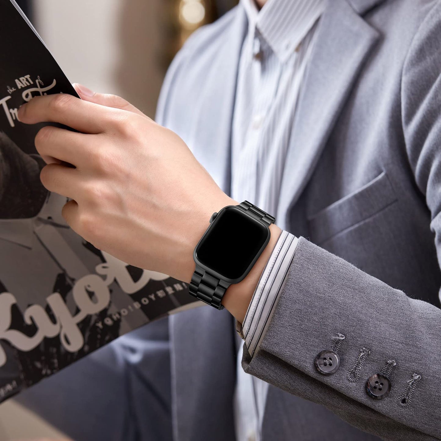Lerobo Pulseira Aço Inoxidável p/ Apple Watch + 2 Capas (Preto)
