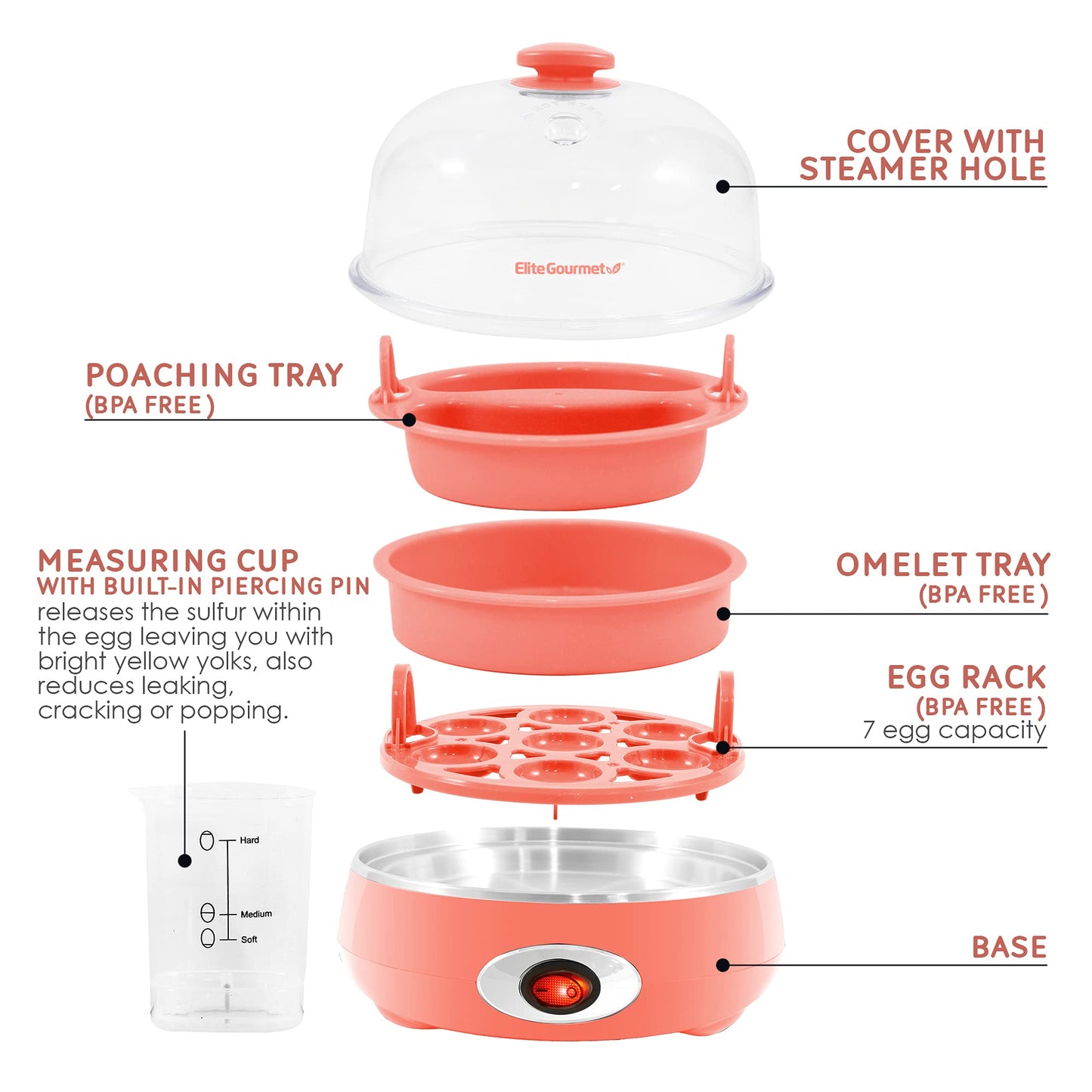 Elite Gourmet EGC007C Egg Cooker Elétrico 7 Ovos Coral