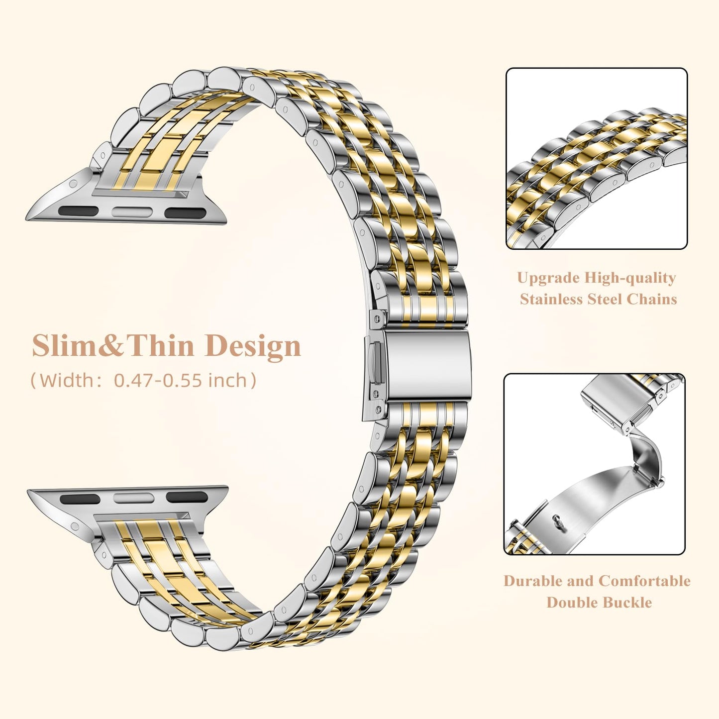 Lerobo Pulseira de Aço Inoxidável Slim para Apple Watch 38-49mm (Prata/Dourado)