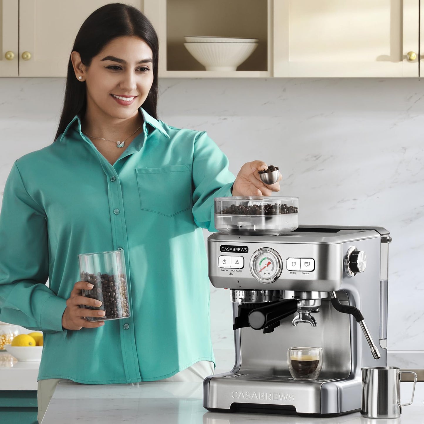 CASABREWS Máquina de Espresso com Moedor e Vaporizador de Leite (Prata)