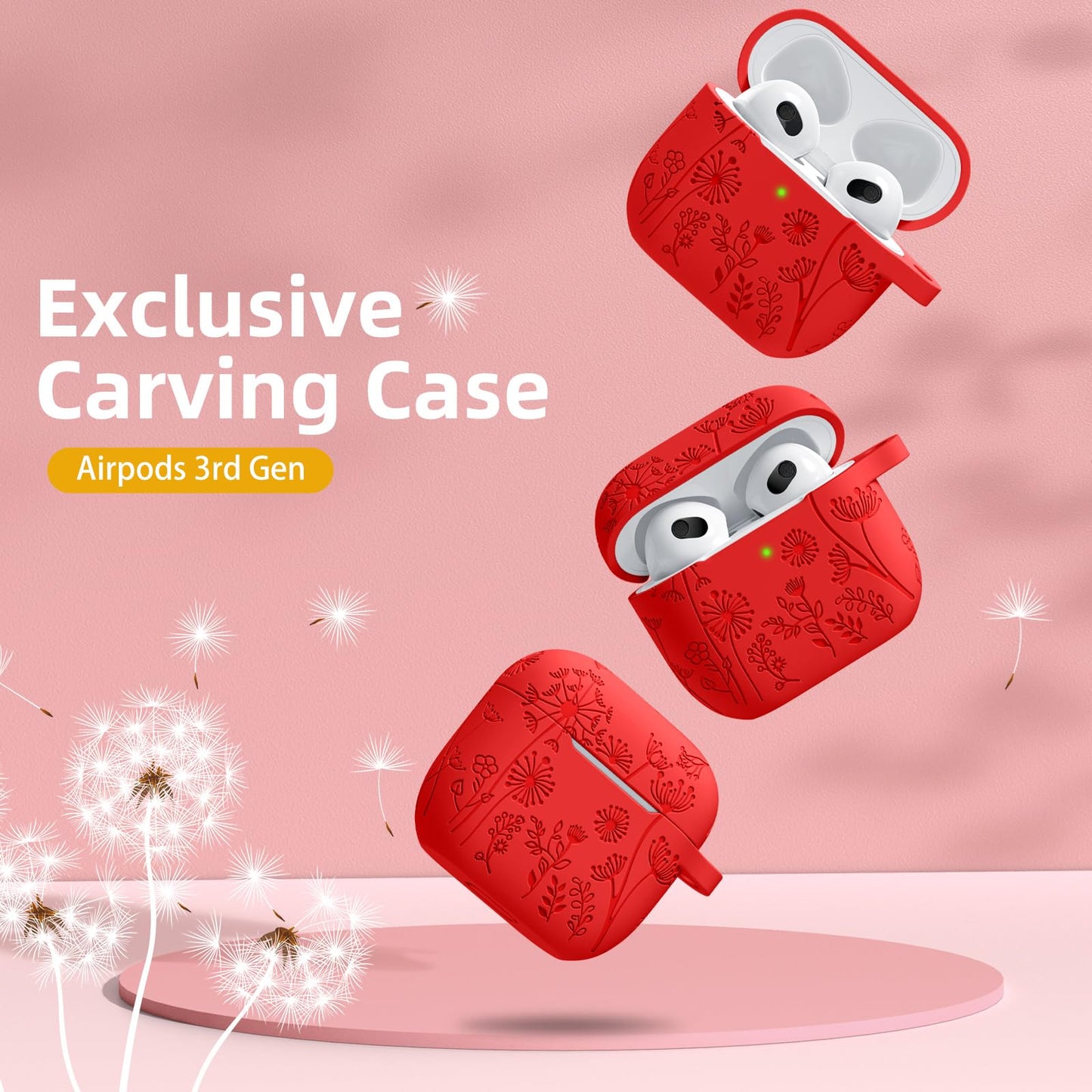 Lerobo Capa c/ Chaveiro p/ AirPods 3ª Geração, Gravação Floral (Vermelho)