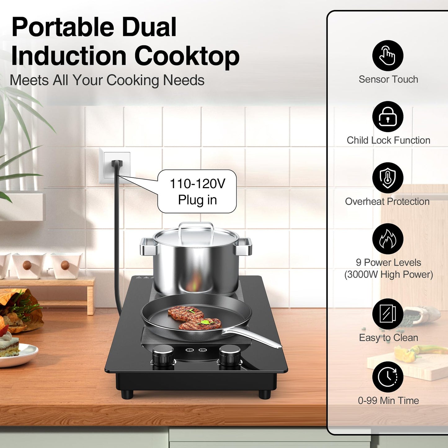 VBGK Cooktop de Indução 3000W, 2 Bocas, Controle por Toque e Botão, 110V
