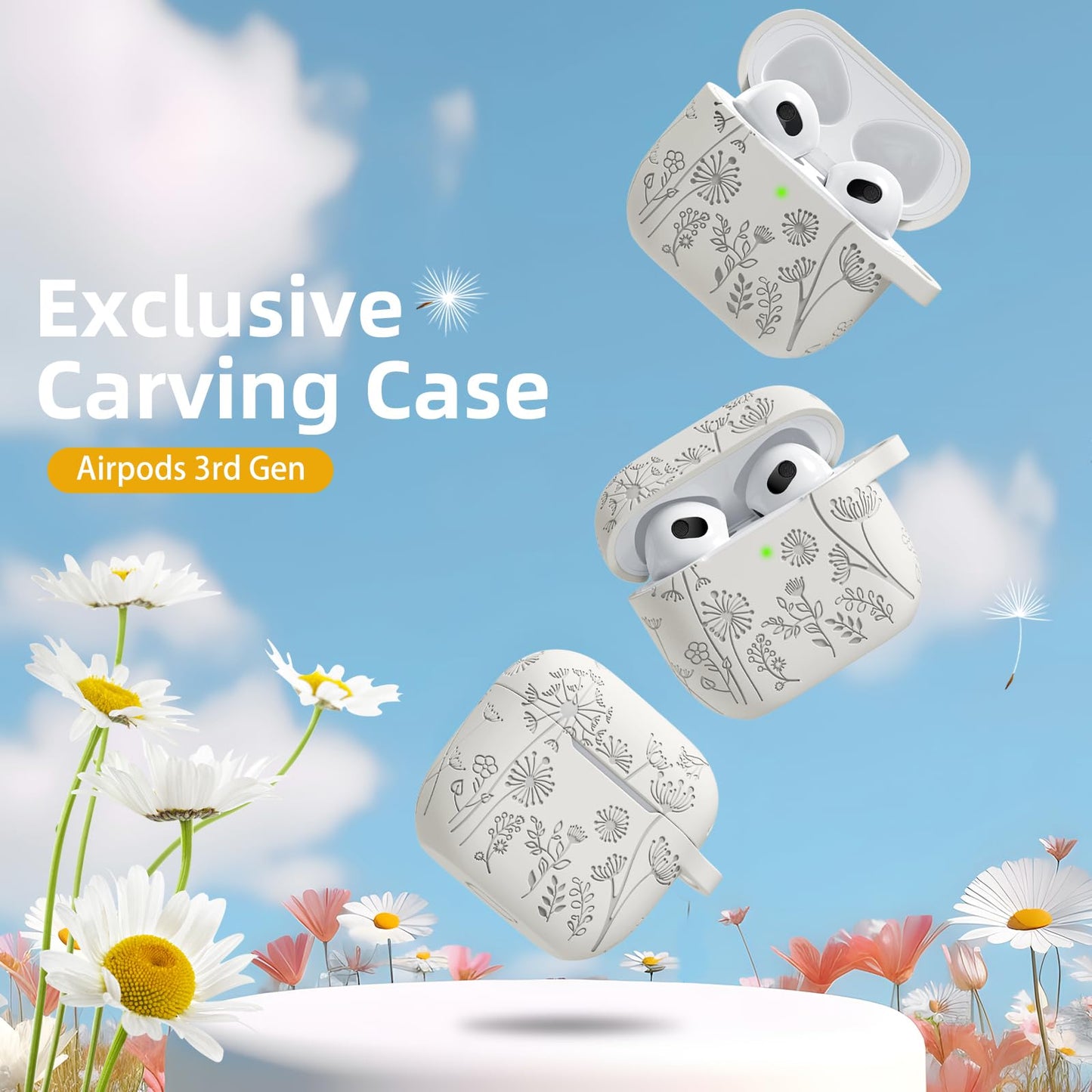 Lerobo Capa com Flores Gravadas Compatível com AirPods 3ª Geração (Starlight)