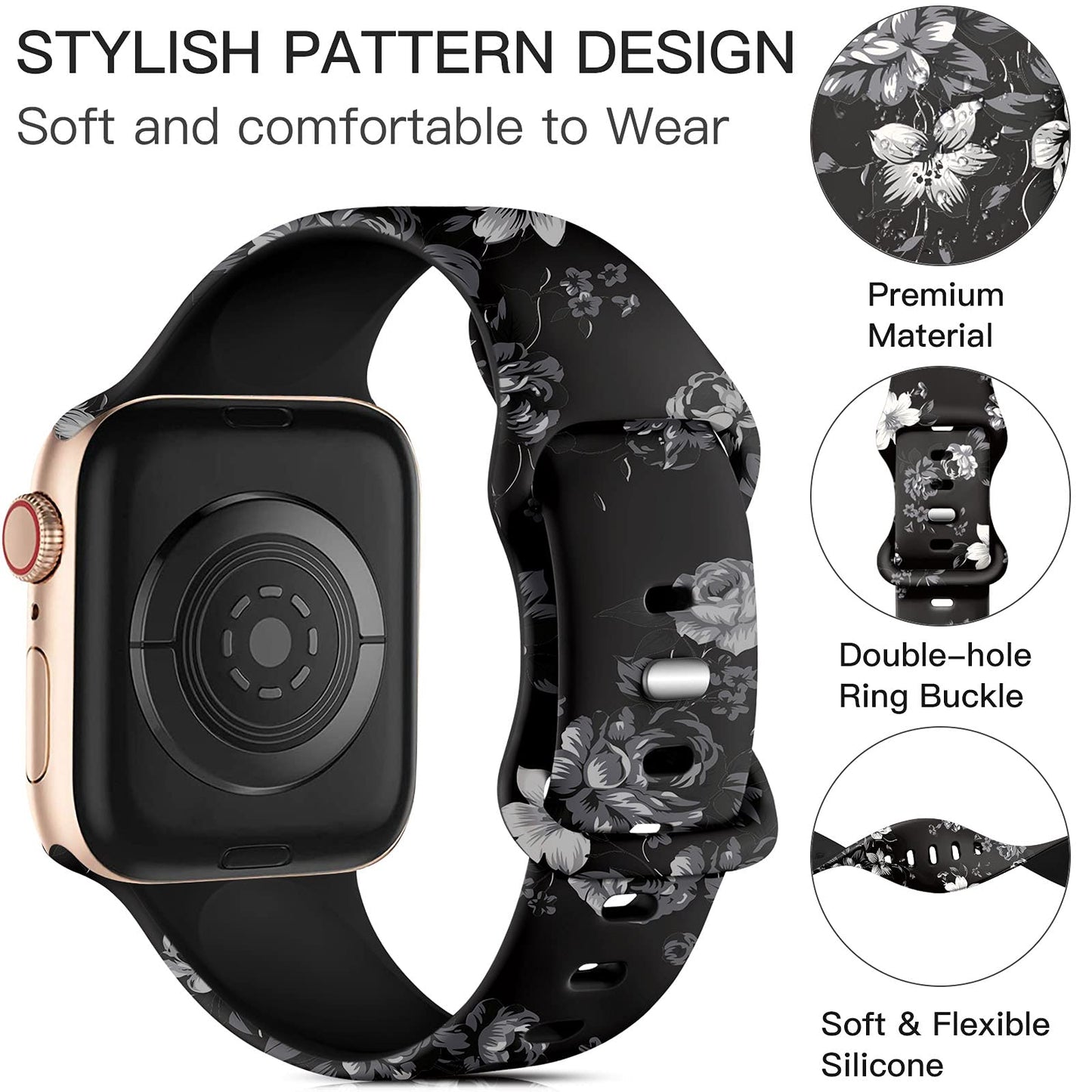 Lerobo Pulseira Floral de Silicone para Apple Watch, 38-49mm (Rosas negras)