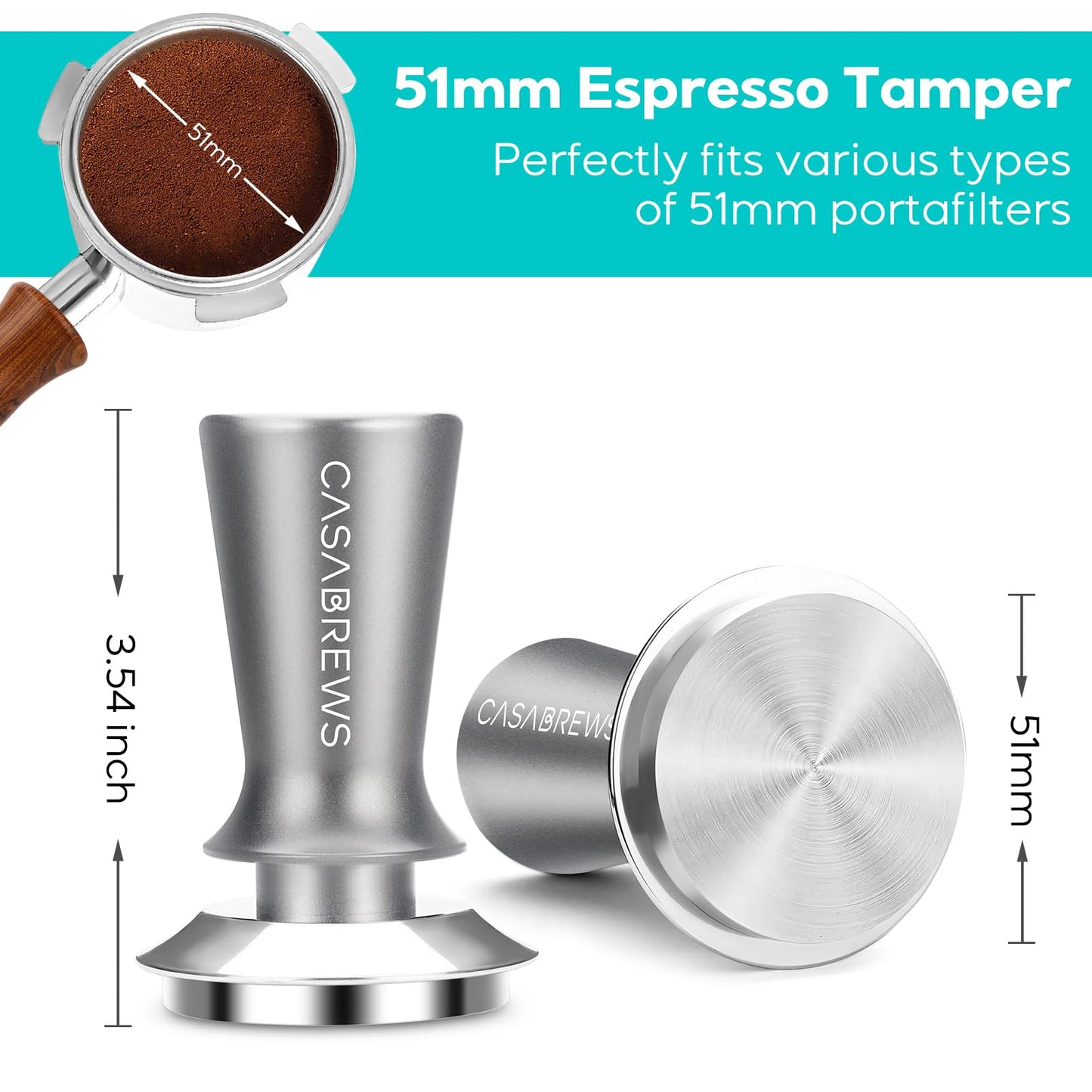 CASABREWS Tamper de Espresso 51mm Calibrado com Base Inox (Cinza)
