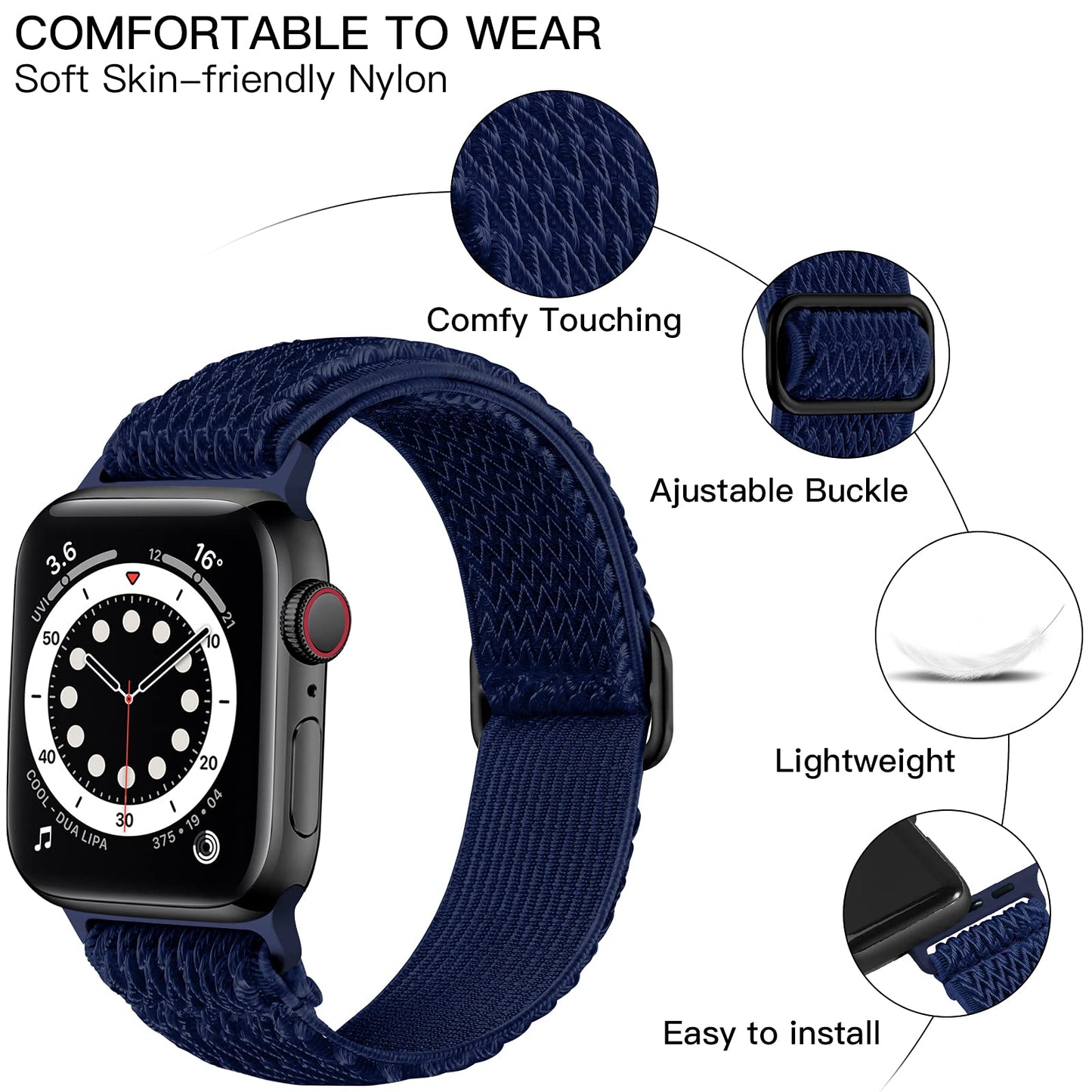 Lerobo Pulseira de Nylon Elástica Ajustável Compatível com Apple Watch (Azul Midnight)