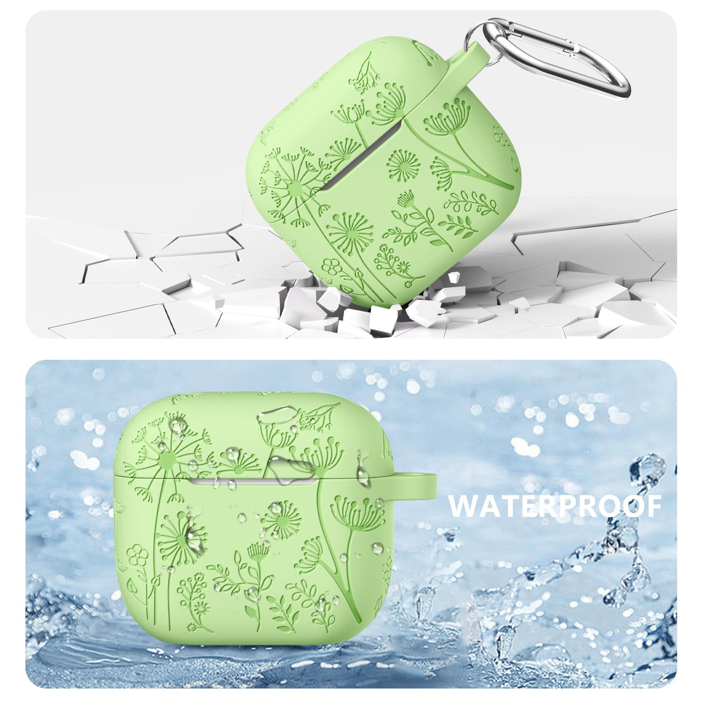 Lerobo Capa Gravada Silicone para AirPods 3ª Geração com Mosquetão (Verde Alface)