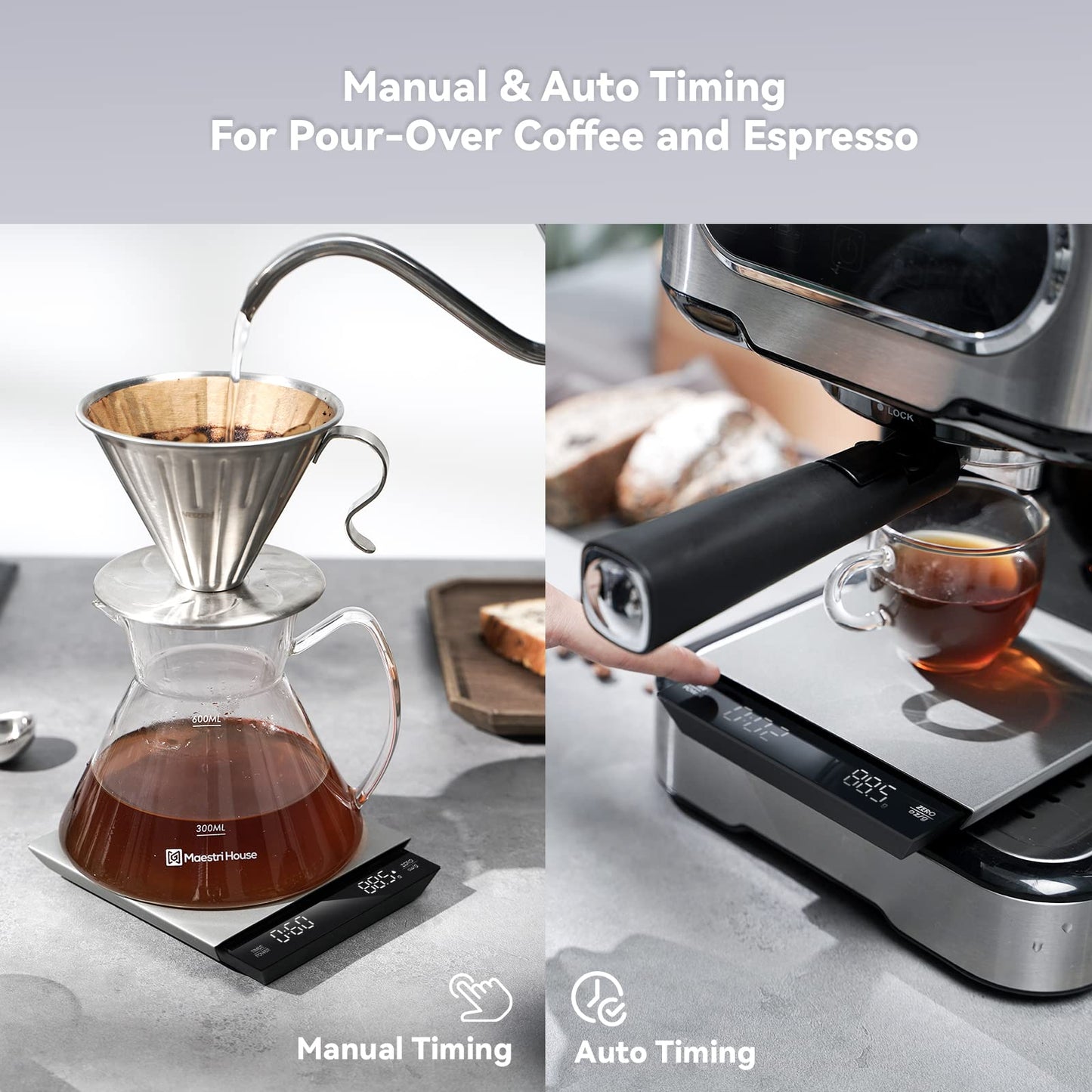 Maestri House Balança Digital para Café com Timer, 3Kg, Recarregável (Prata)