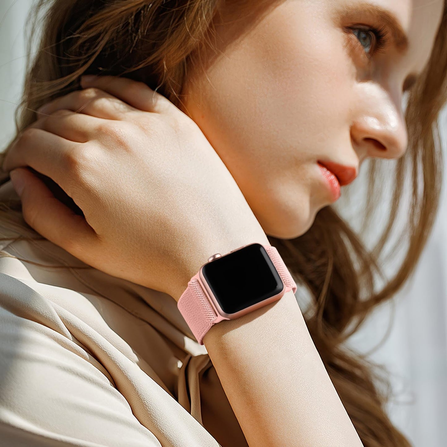 Lerobo Pulseira Trançada para Apple Watch, Nylon Elástico, 38-49mm (Rosa)
