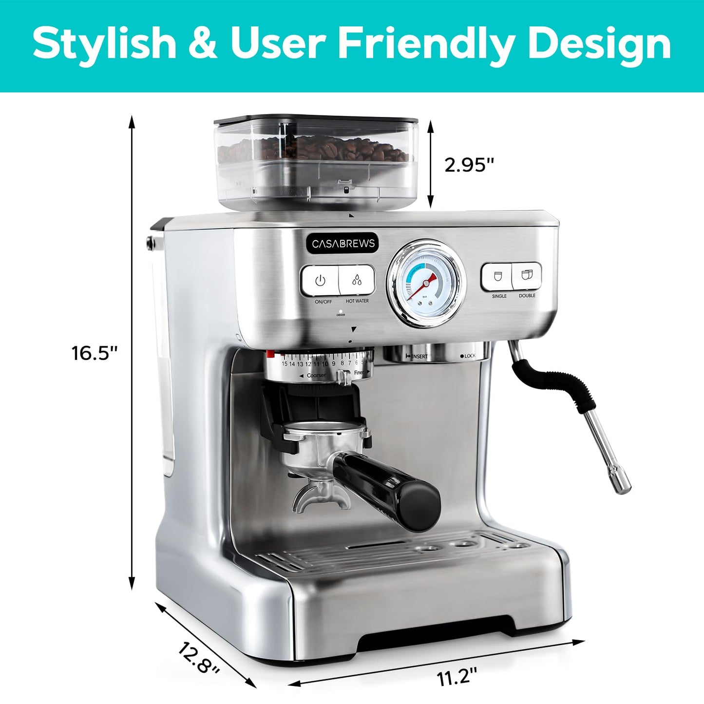 CASABREWS Máquina de Espresso com Moedor e Vaporizador de Leite (Prata)