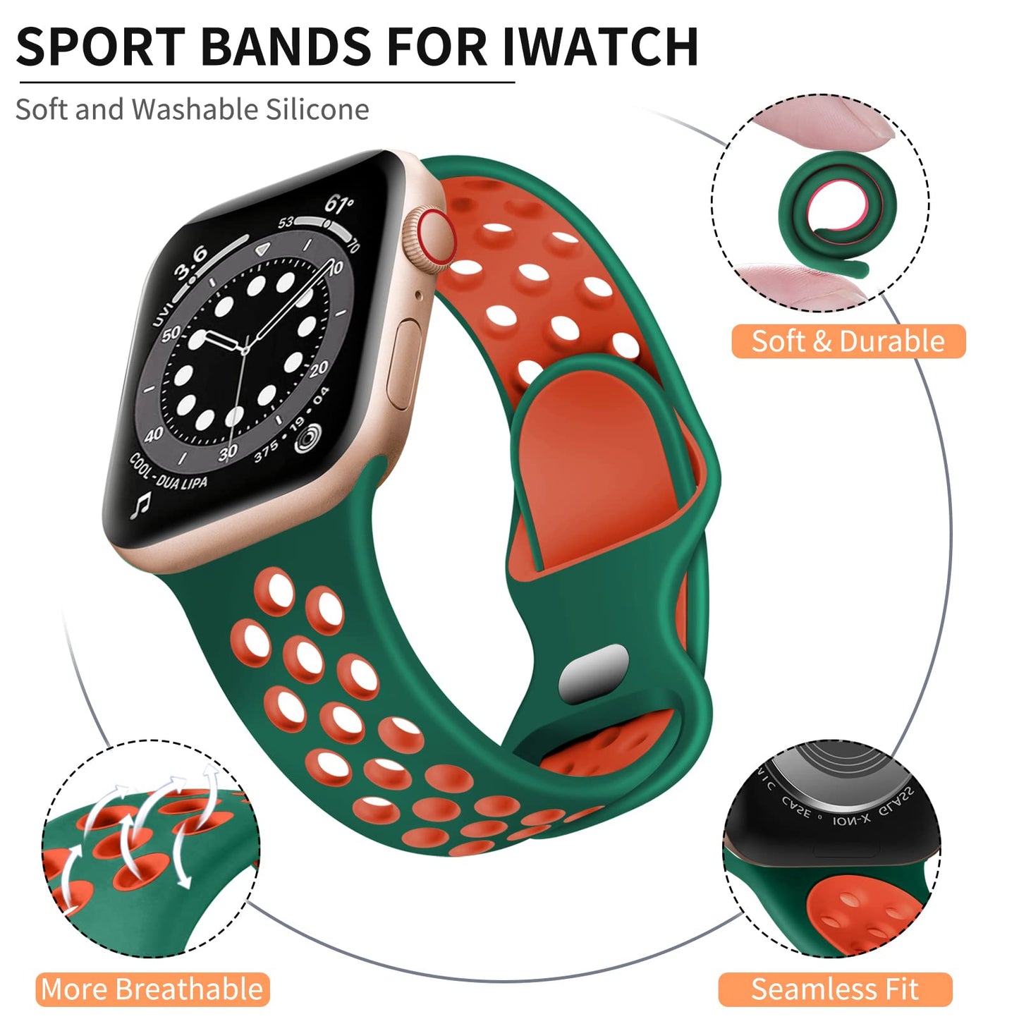 Lerobo Pulseira Silicone p/ Apple Watch 38-49mm (Verde/Laranja)