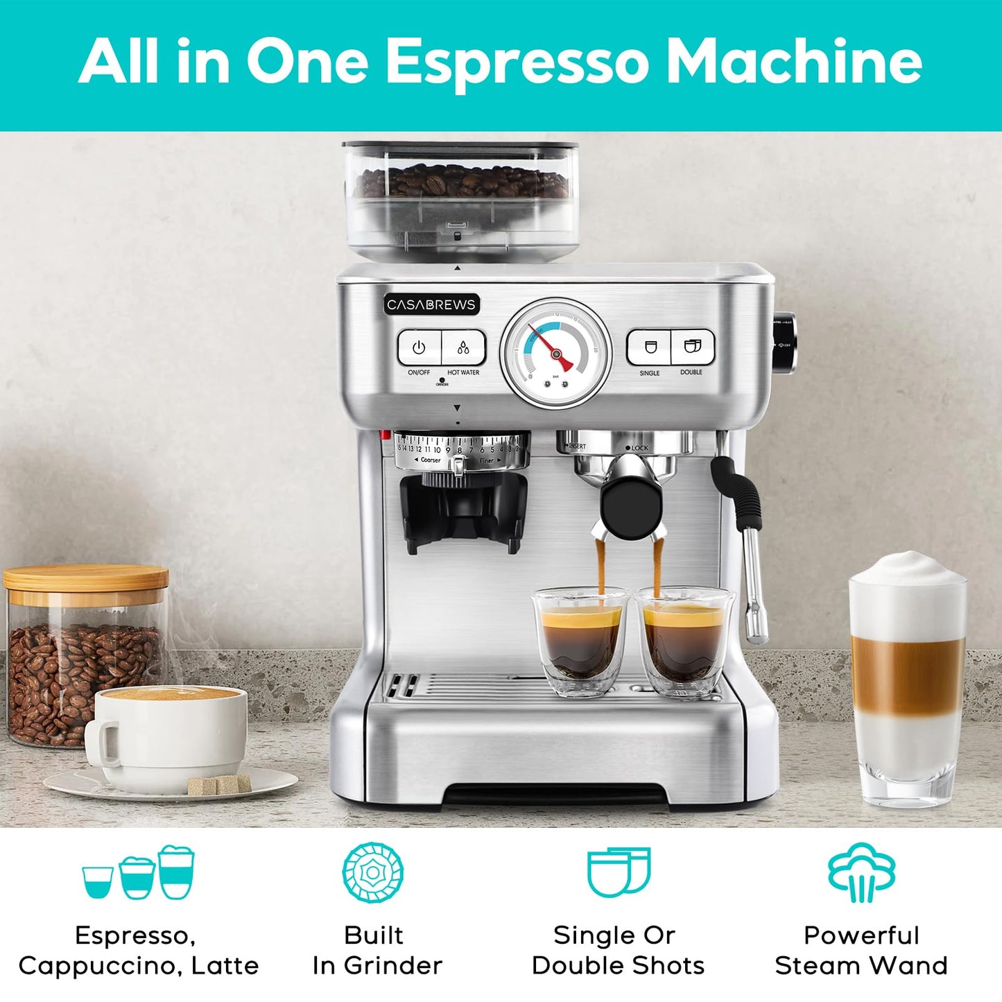 CASABREWS Máquina de Espresso com Moedor e Vaporizador de Leite (Prata)
