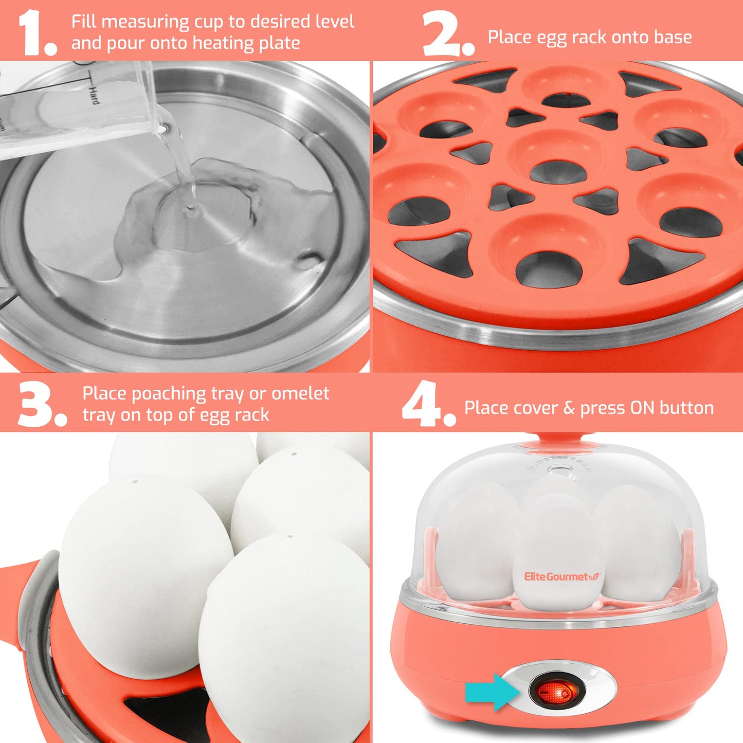 Elite Gourmet EGC007C Egg Cooker Elétrico 7 Ovos Coral