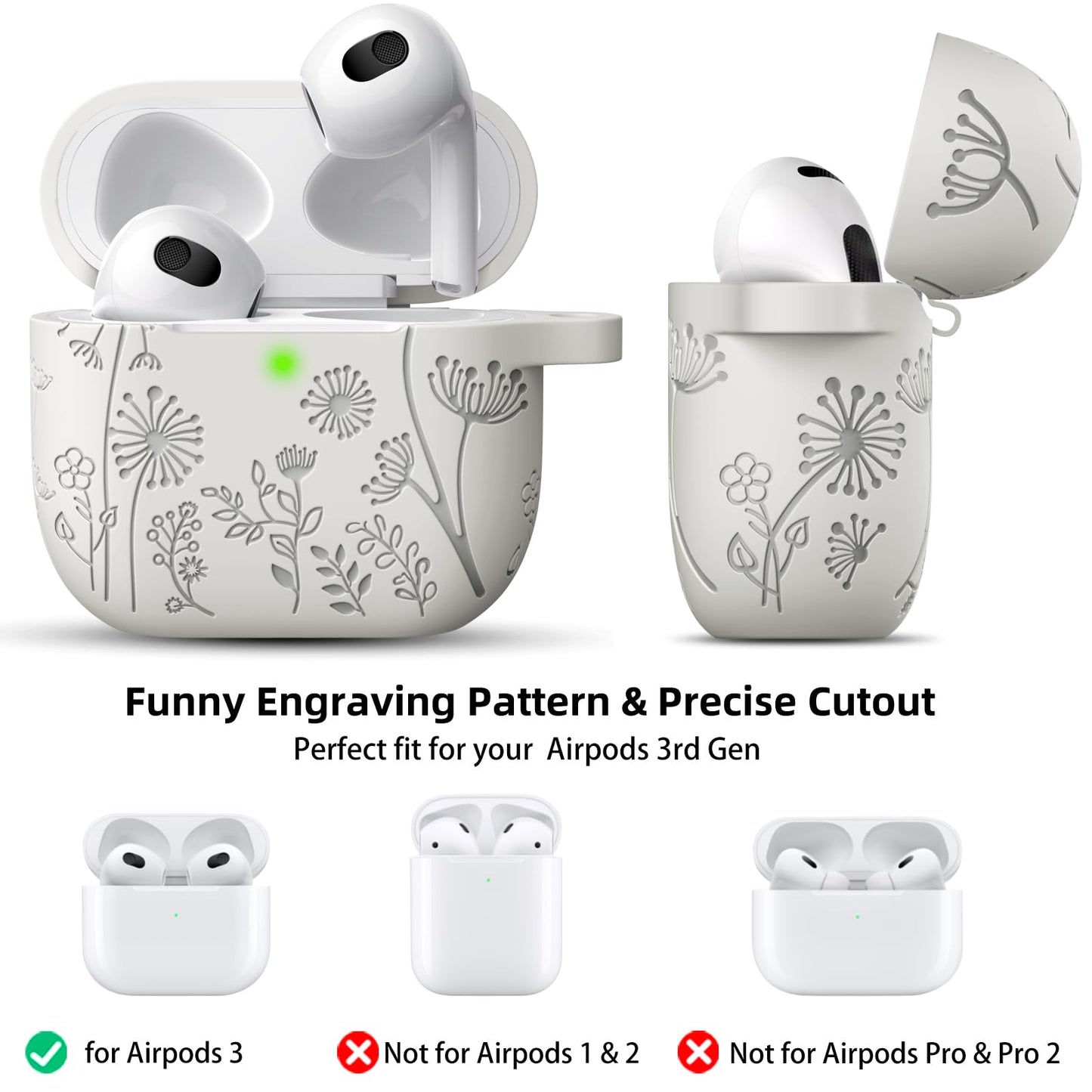 Lerobo Capa com Flores Gravadas Compatível com AirPods 3ª Geração (Starlight)