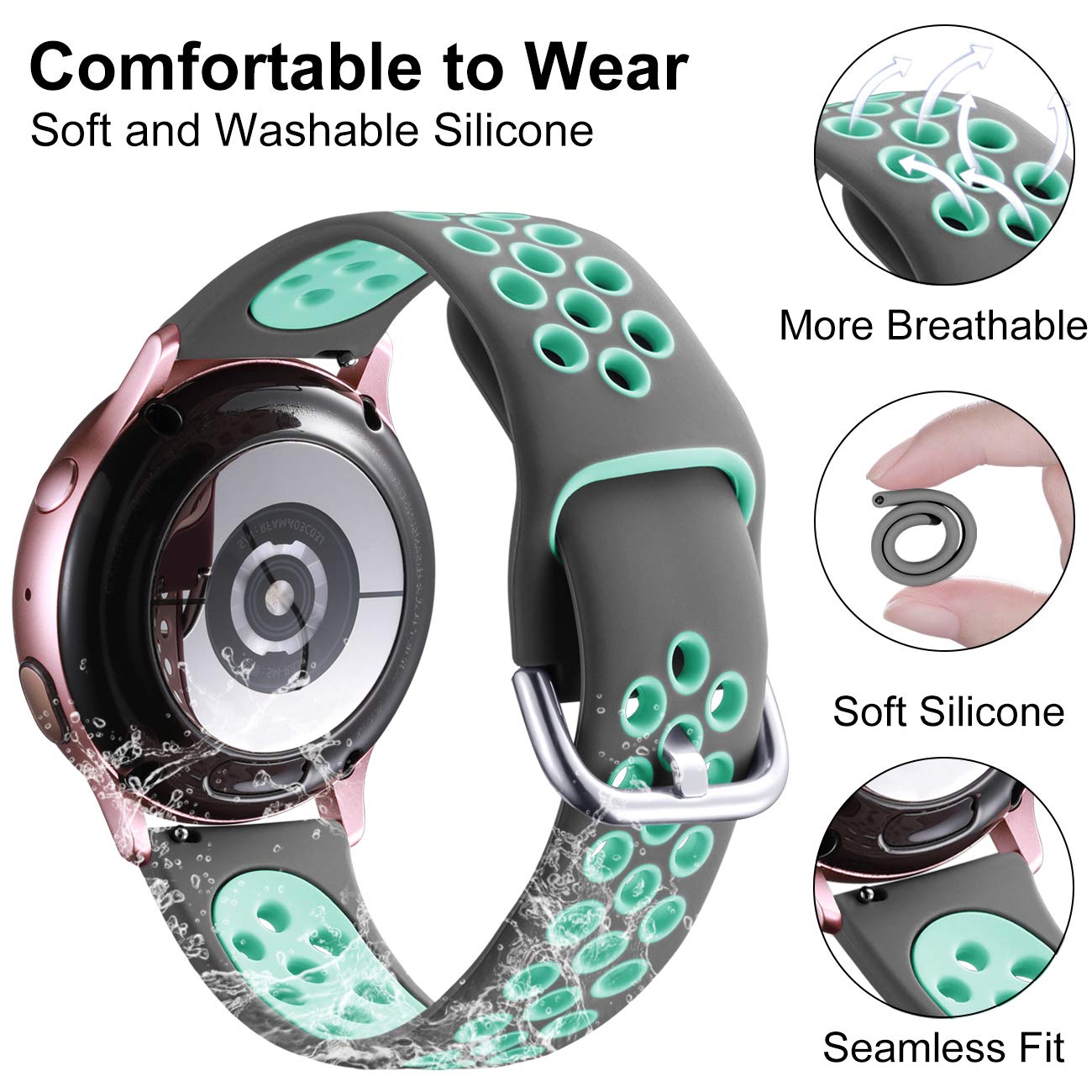 Lerobo Pulseira Esportiva Silicone 20mm p/ Galaxy Watch 6 5 4 (Cinza-verde)