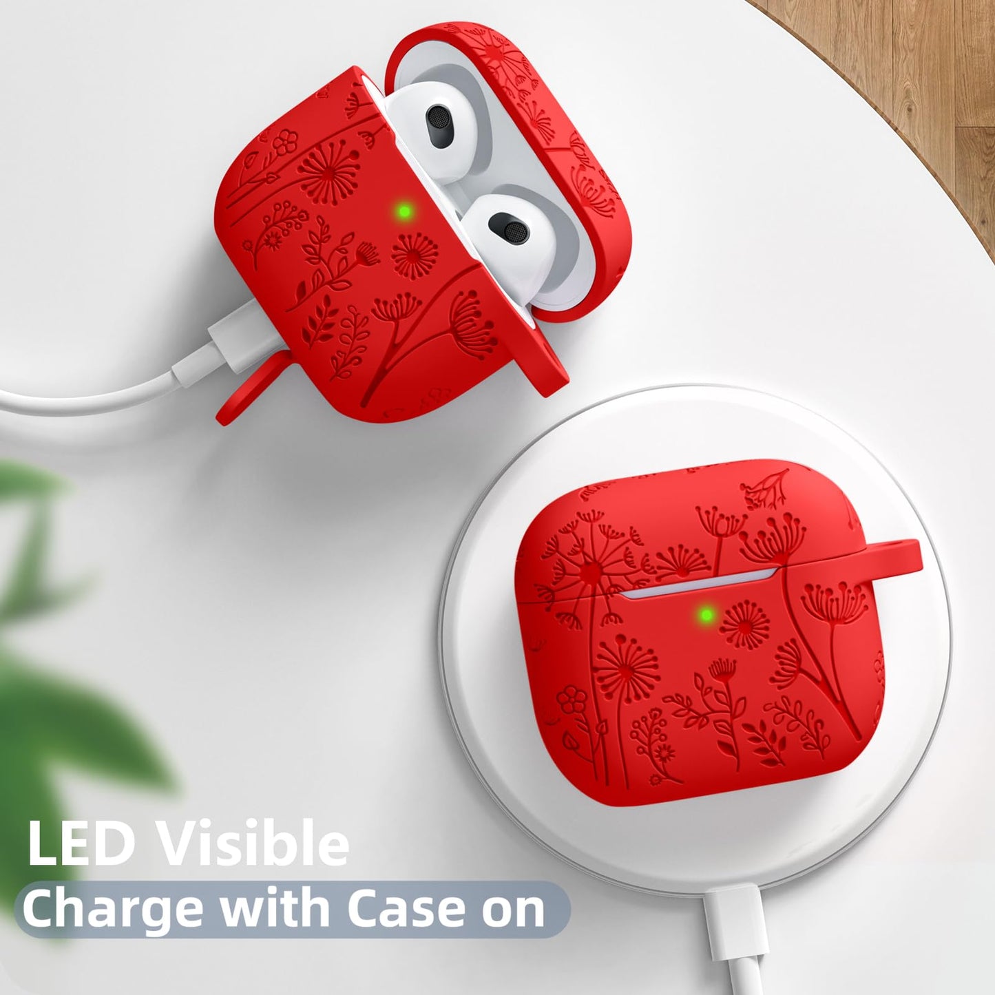 Lerobo Capa c/ Chaveiro p/ AirPods 3ª Geração, Gravação Floral (Vermelho)