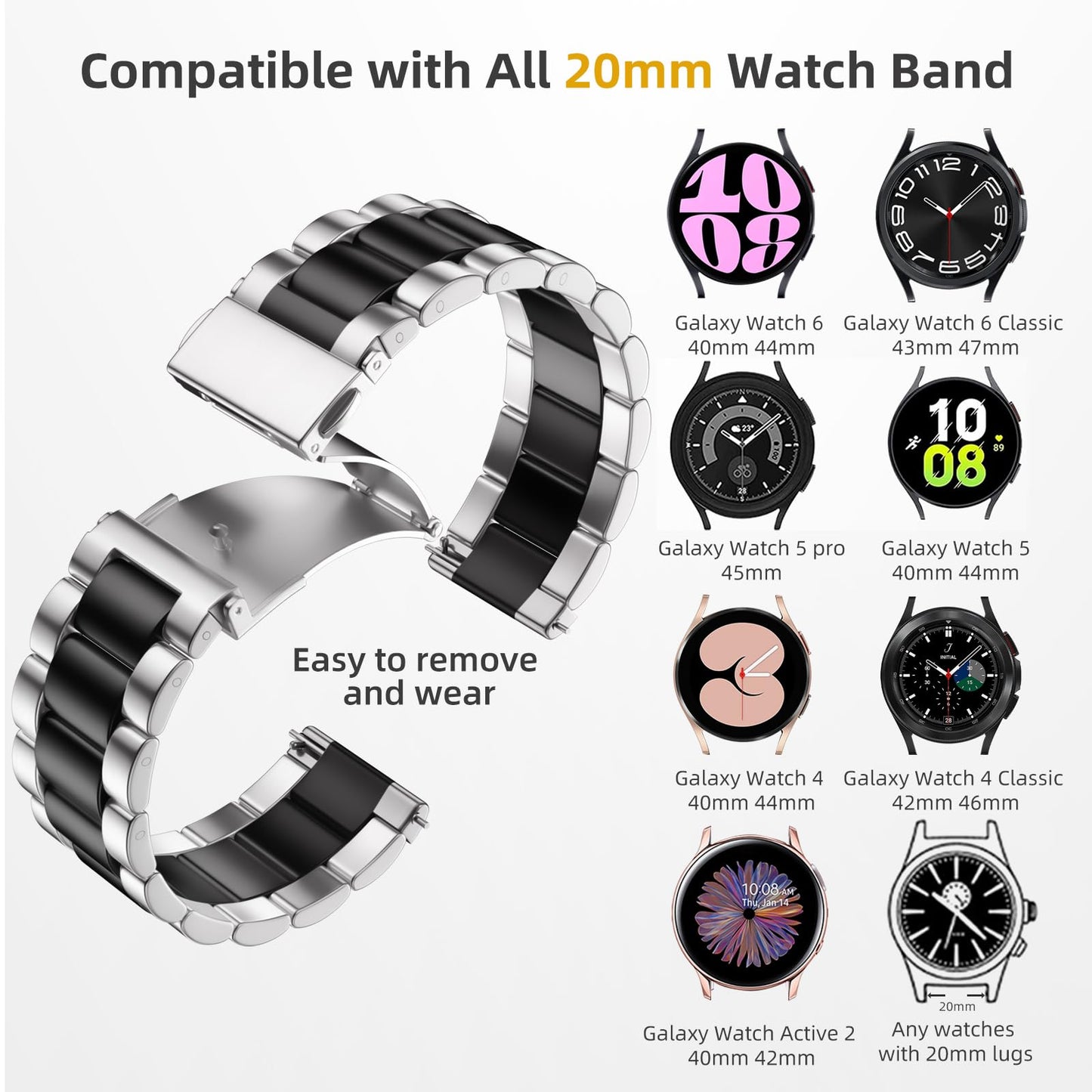Lerobo Pulseira de Aço Inoxidável para Samsung Galaxy Watch 4/5/6/7 (Preto/Prata)