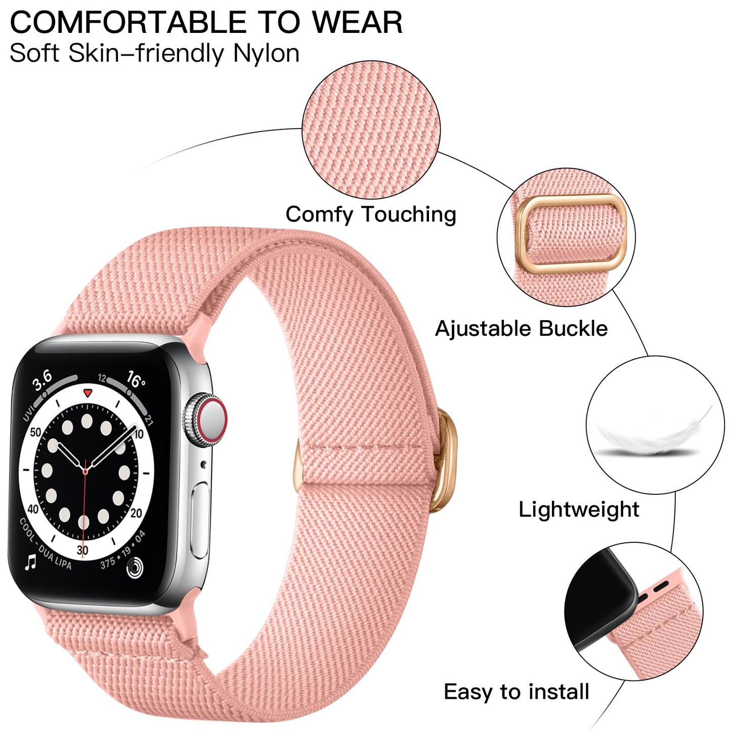 Lerobo Pulseira Trançada para Apple Watch, Nylon Elástico, 38-49mm (Rosa)