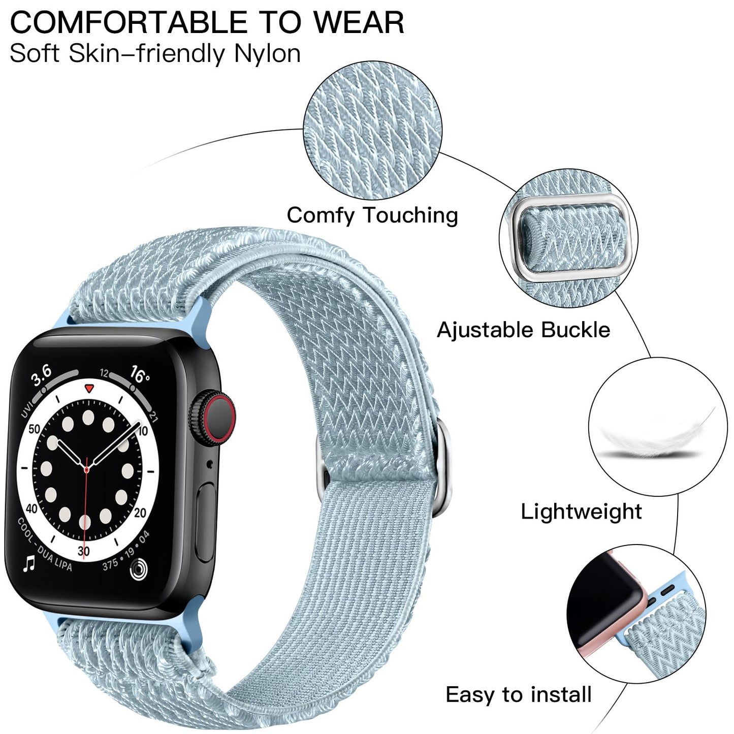 Lerobo Pulseira Nylon Solo Loop para Apple Watch, Ajustável, 38-49mm (Névoa Azul)