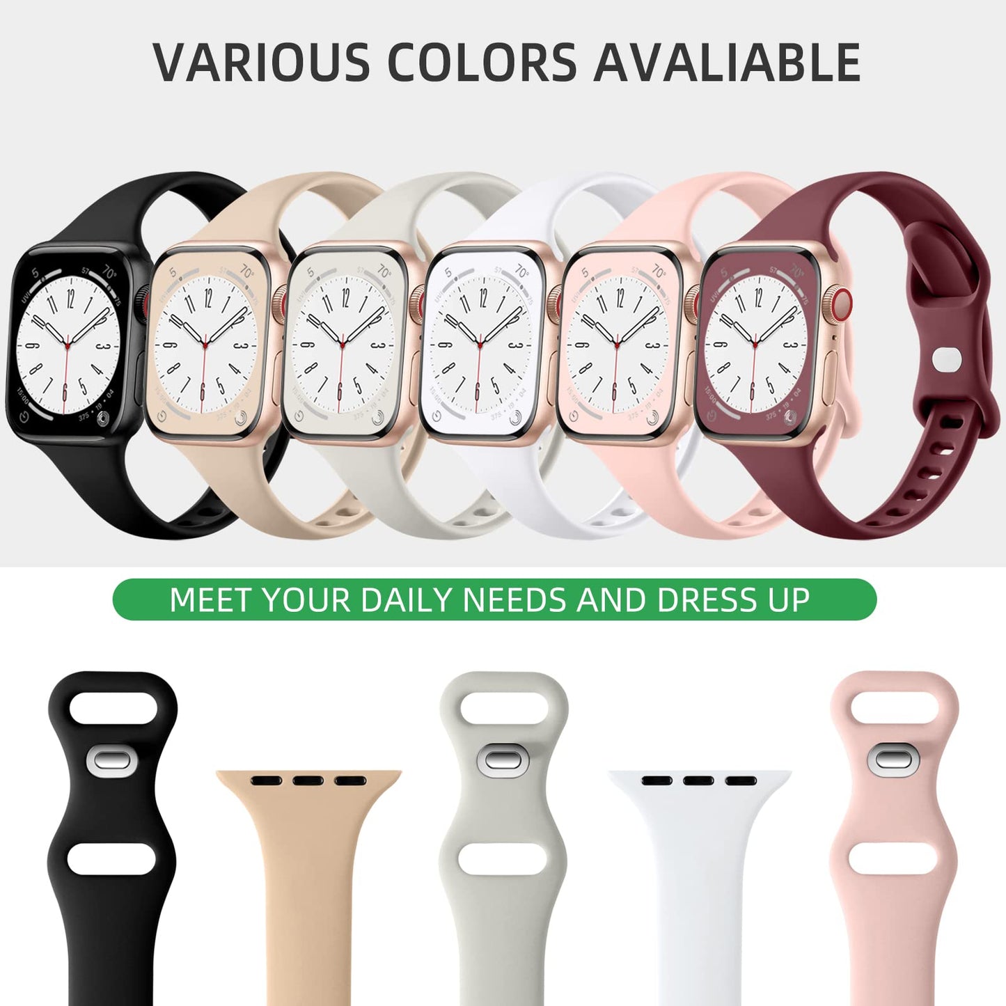 Lerobo 6 Pulseiras Slim de Silicone Compatíveis com Apple Watch (Cores Variadas)