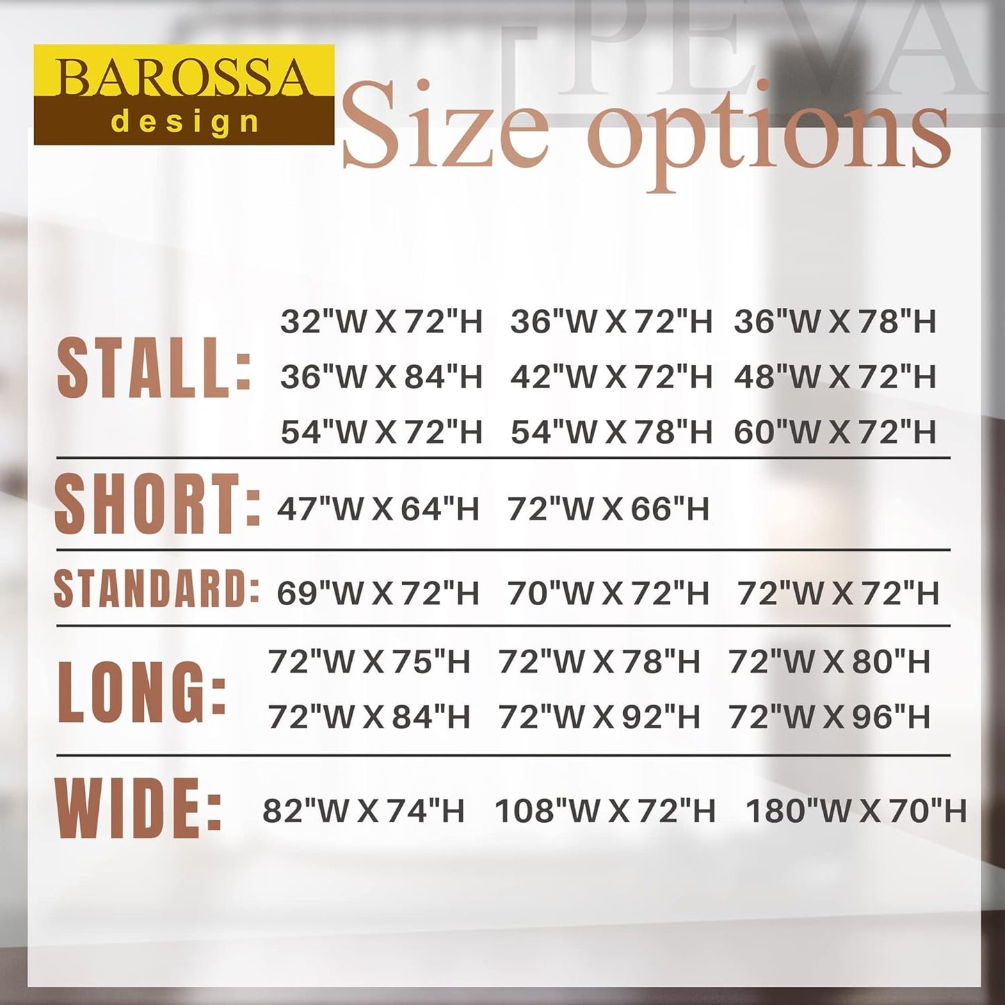 Barossa Design Forro de cortina de chuveiro de PEVA 182,8 cm