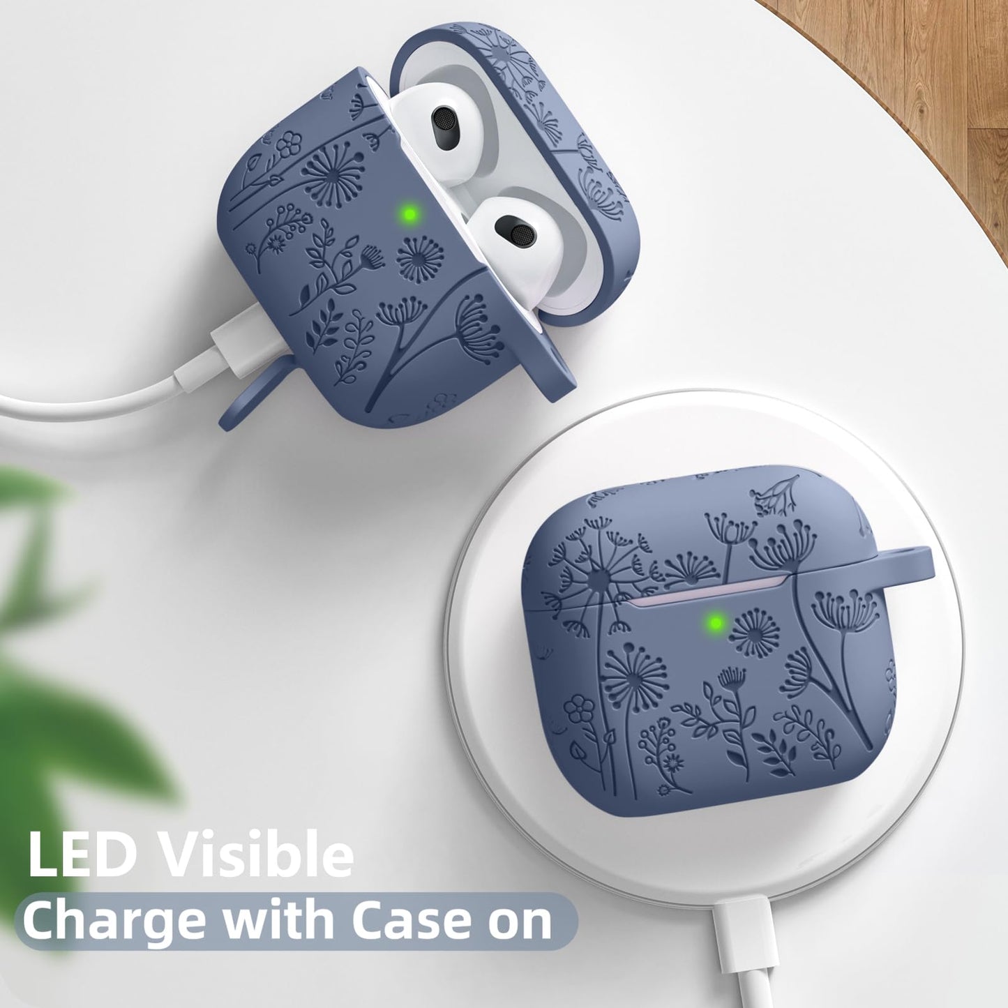 Lerobo Capa com Flores Gravadas Compatível com AirPods 3ª Geração (Azul Cinza)
