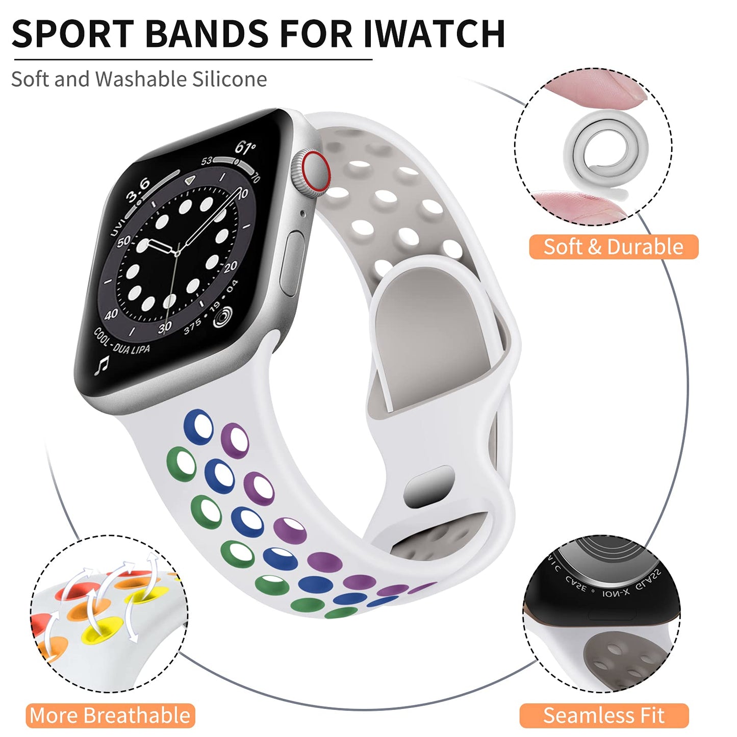 Lerobo Pulseira Esportiva Apple Watch 49mm/45mm/44mm/42mm (Branco/Arco-Íris)