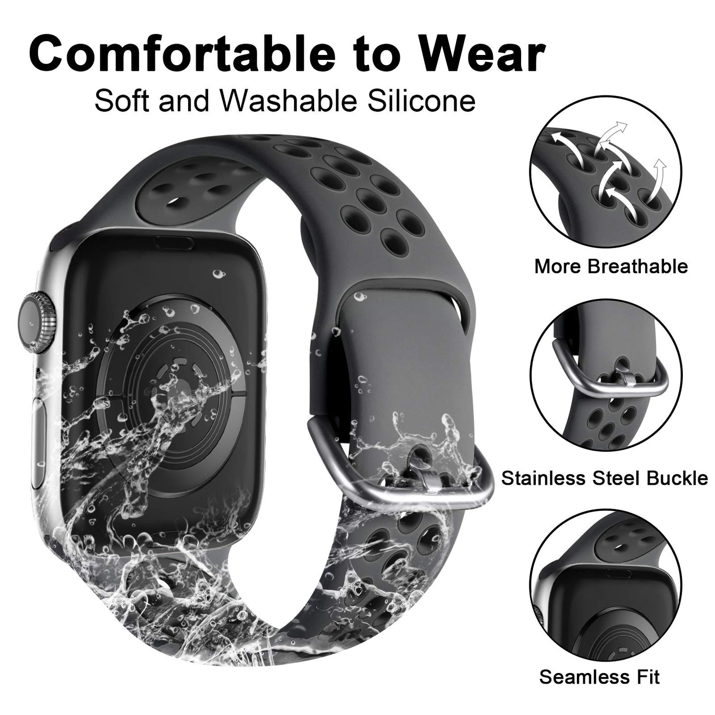 Lerobo Pulseira de Silicone Esportiva Respirável para Apple Watch (Preto/Cinza, Preto Colorido, Antracite)