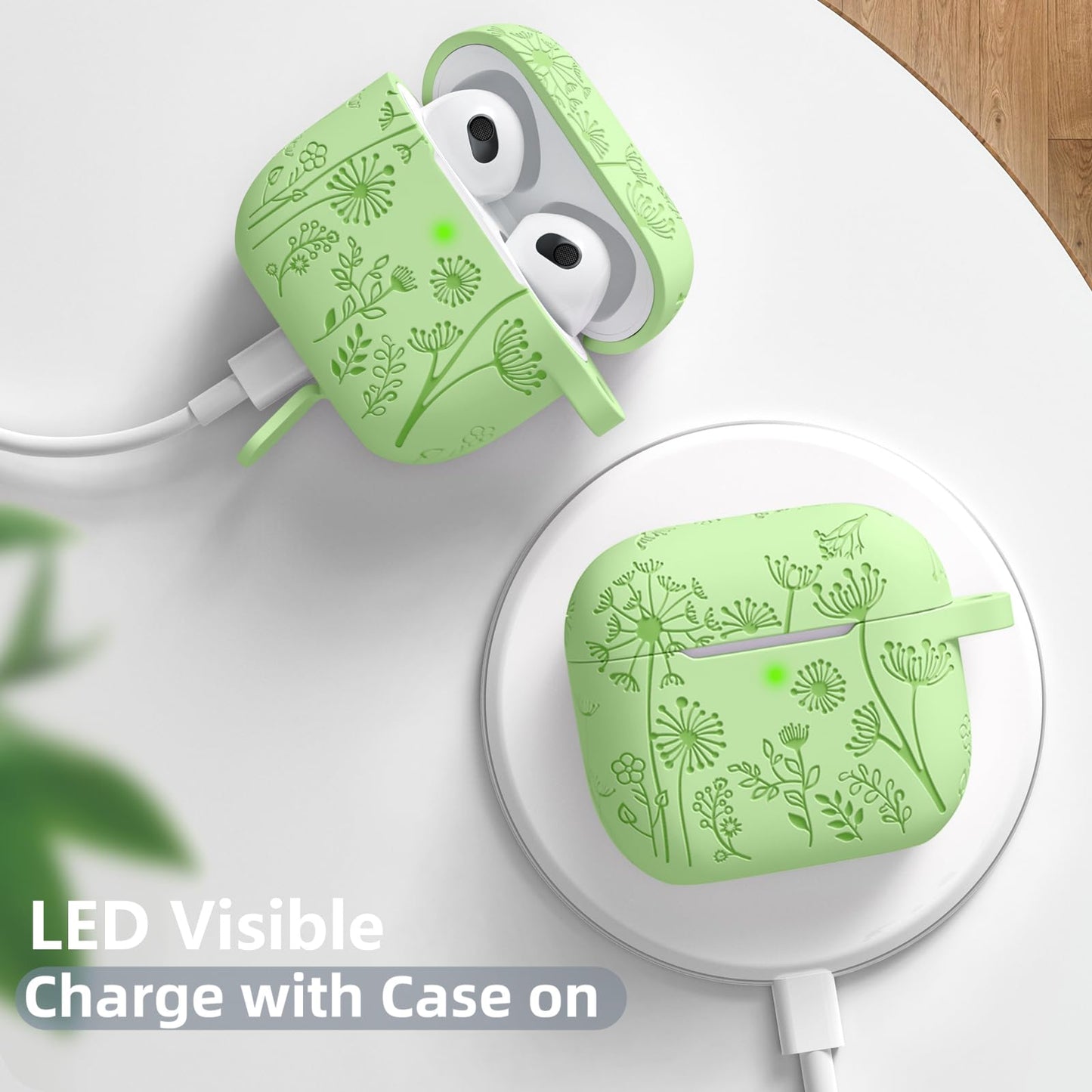 Lerobo Capa Gravada Silicone para AirPods 3ª Geração com Mosquetão (Verde Alface)