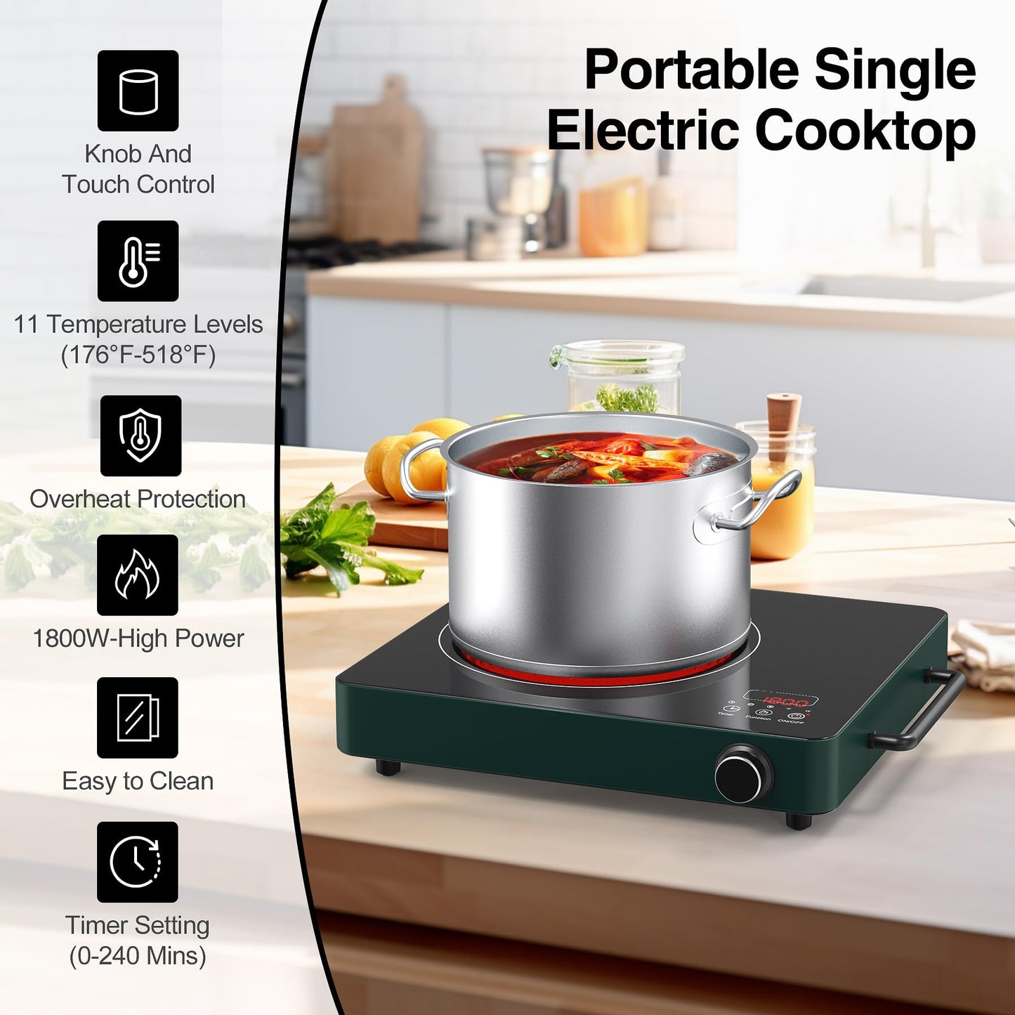 VBGK Cooktop Elétrico 1800W com 9 Níveis de Potência e Timer (Verde)