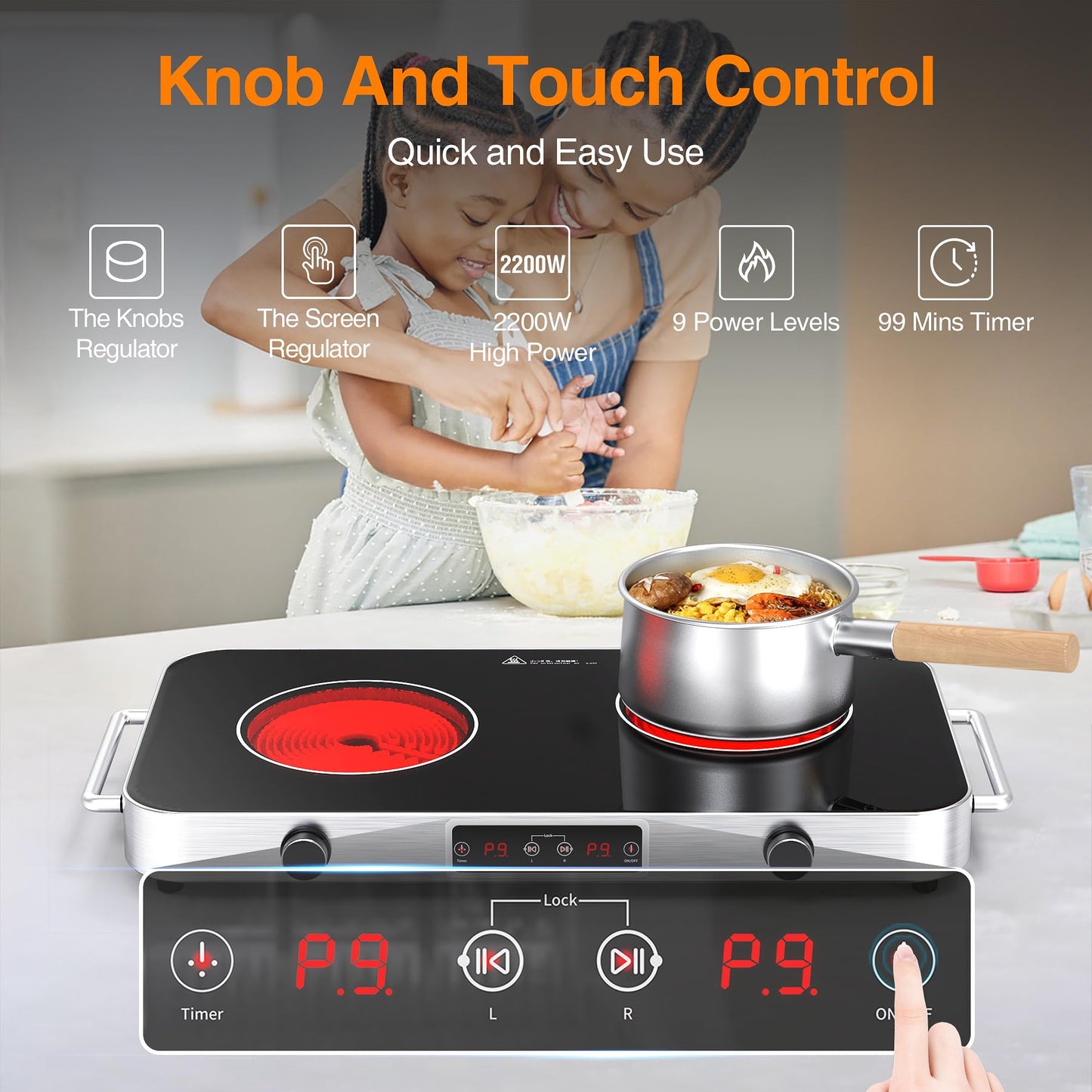 VBGK Cooktop Elétrico 2200W, 2 Bocas, Controle de Botão, 110V, com Timer